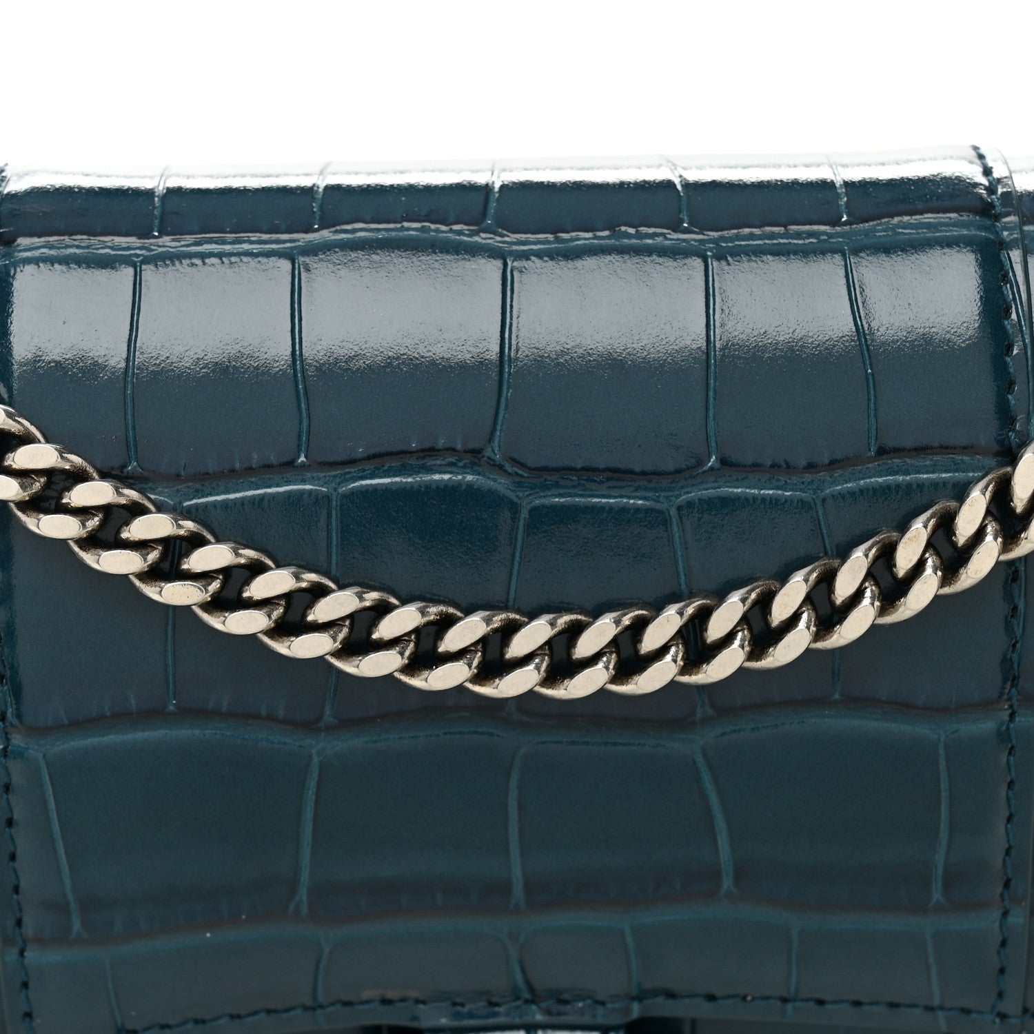 Shiny Calfskin Crocodile Embossed Hourglass Chain Bag Dark Petrol Blue