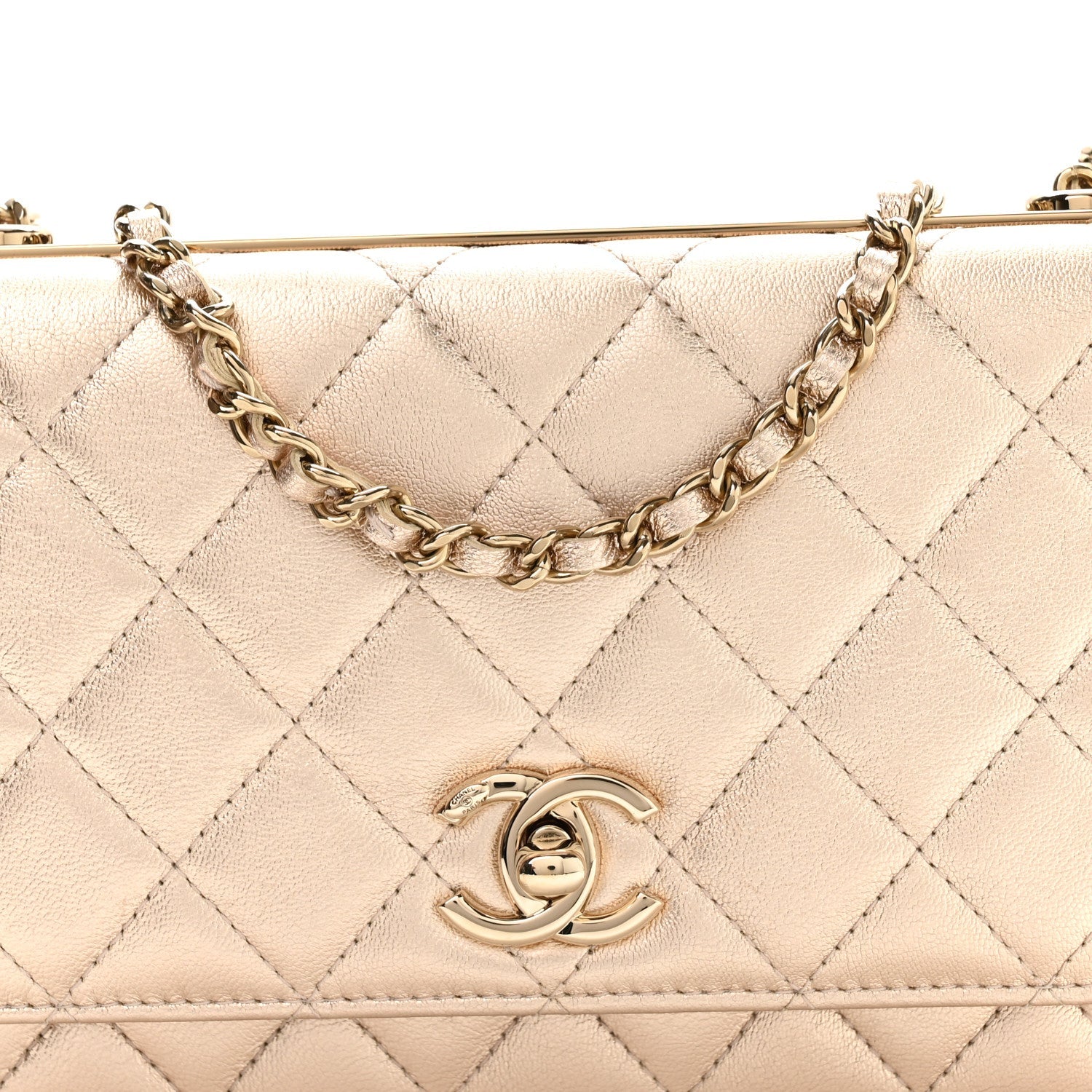 Metallic Lambskin Quilted Trendy CC Wallet On Chain WOC Gold