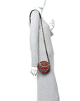 Tweed Quilted CHNL 19 Round Clutch With Chain  Red Black White Green