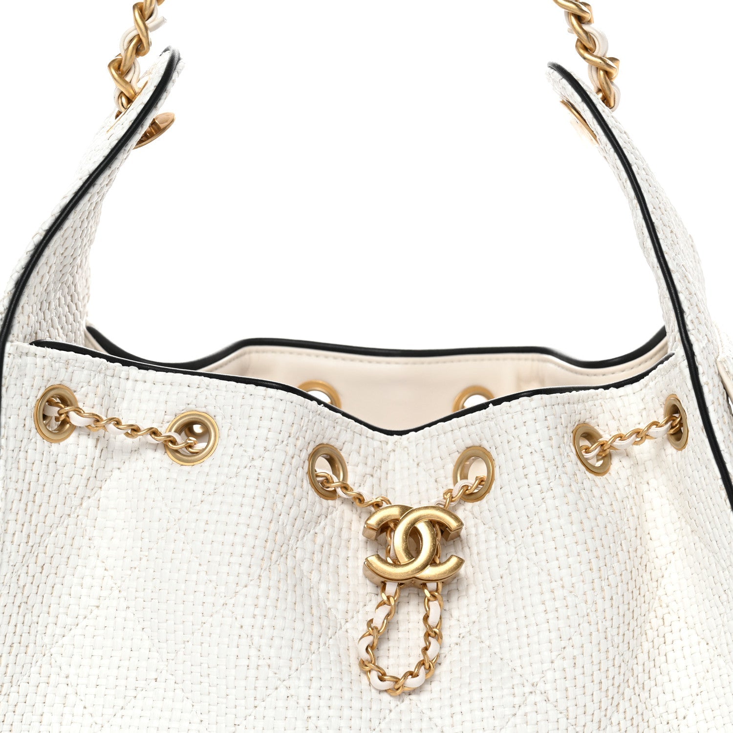 Braided Raffia Calfskin Quilted Small CHNL 25 Handbag White Black