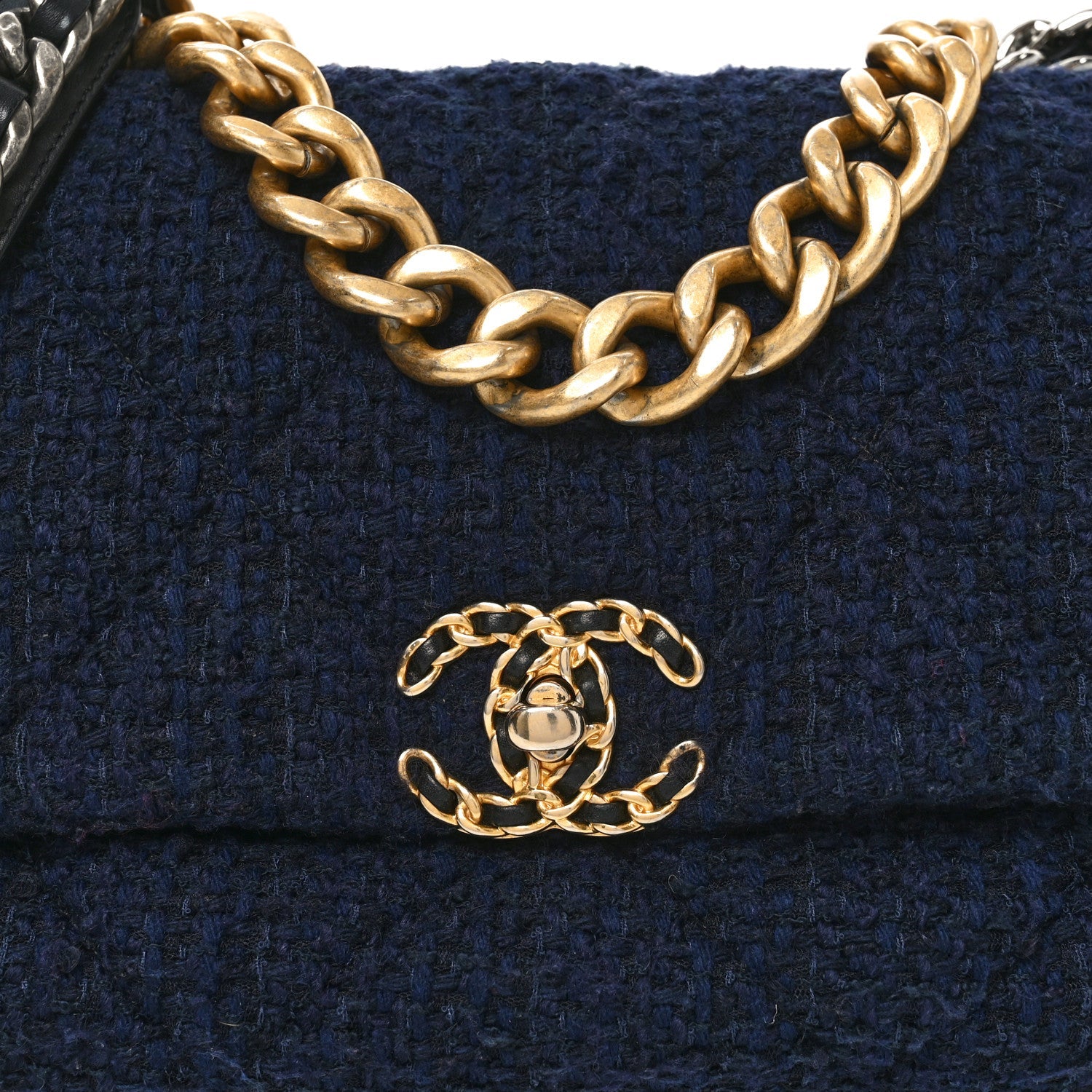 Tweed Quilted Large CHNL 19 Flap Navy Blue