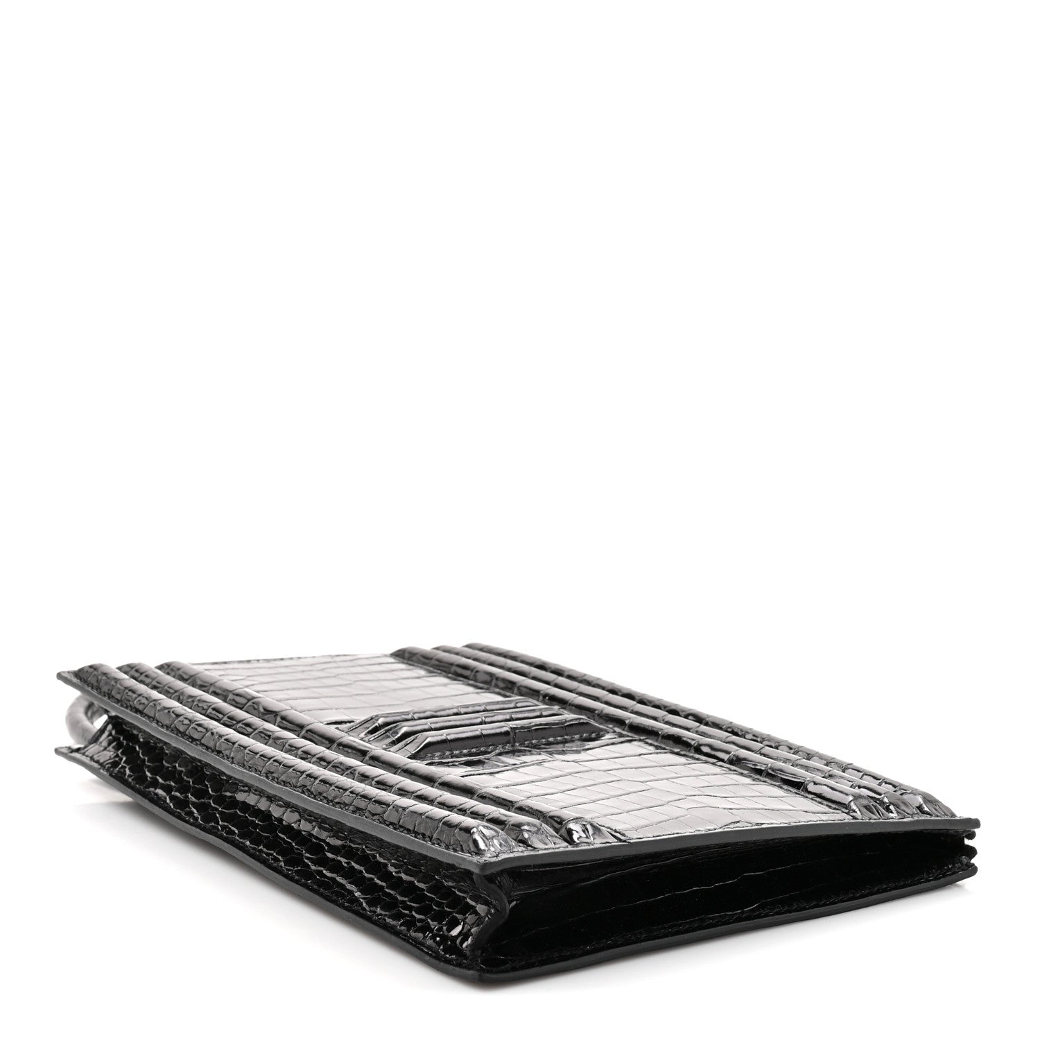 Shiny Porosus Crocodile Lisse Kelly Cadena Clutch Black