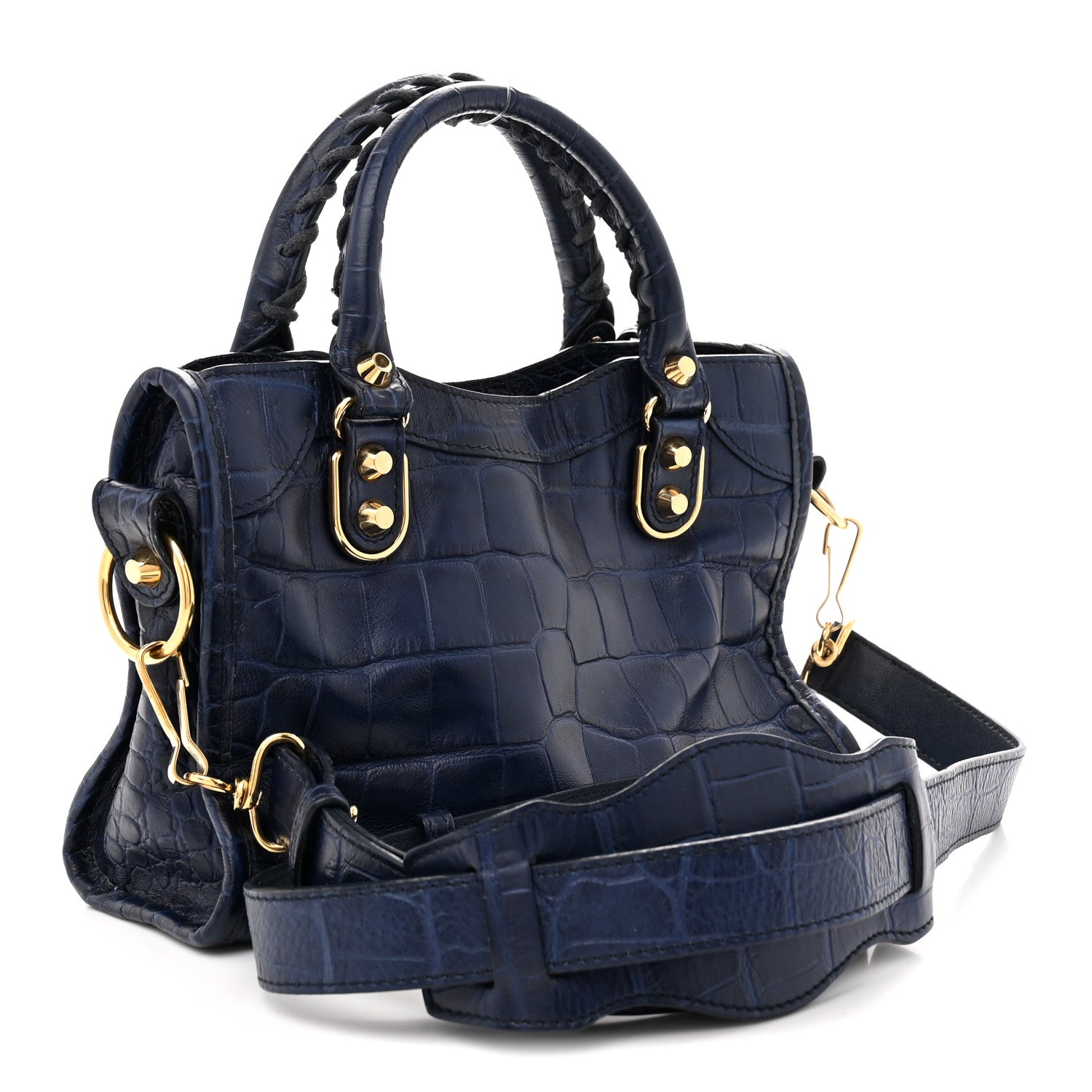 Calfskin Crocodile Embossed Gold Metallic Edge Hardware Mini City Bleu