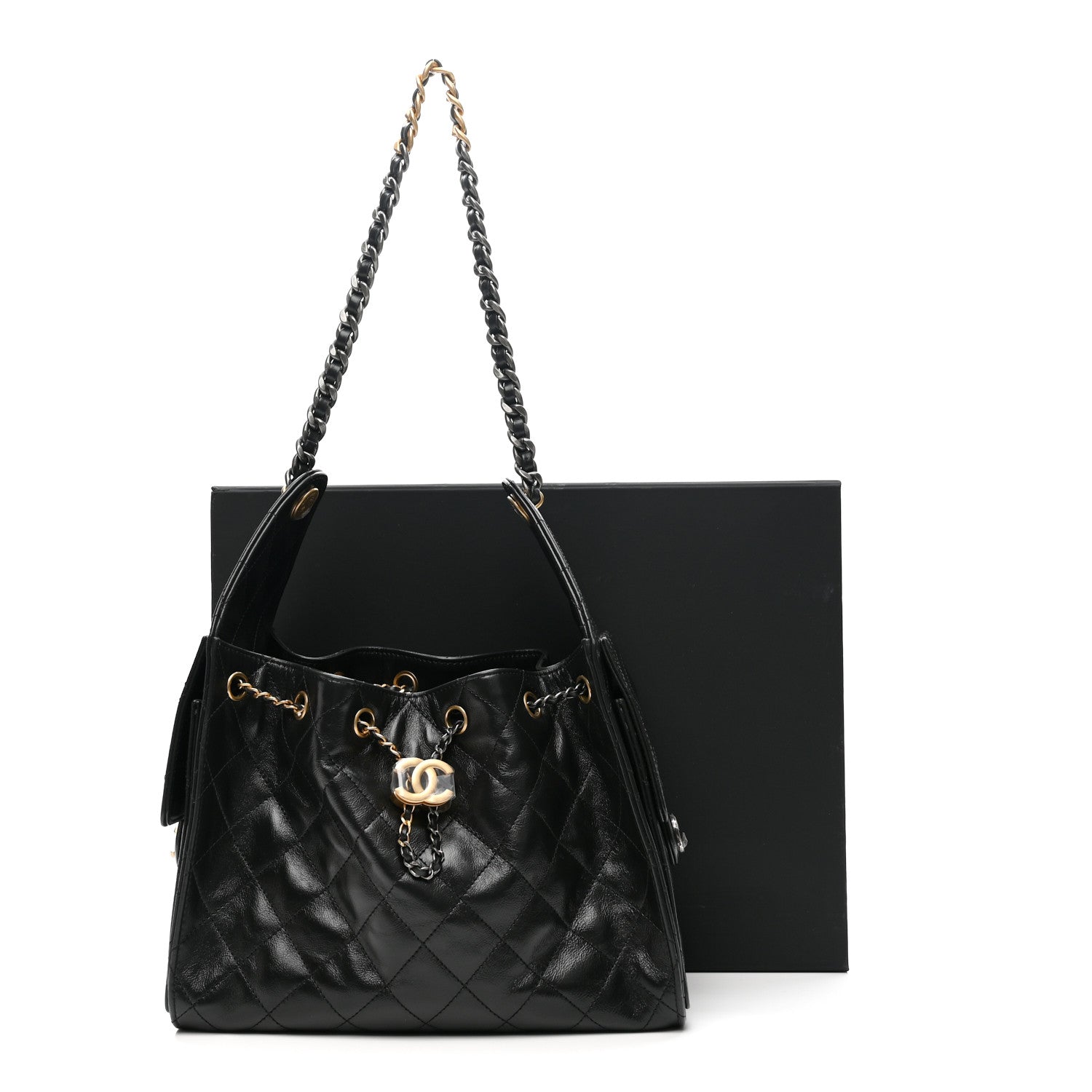 Shiny Crumpled Calfskin Quilted Small CHNL 25 Handbag Black