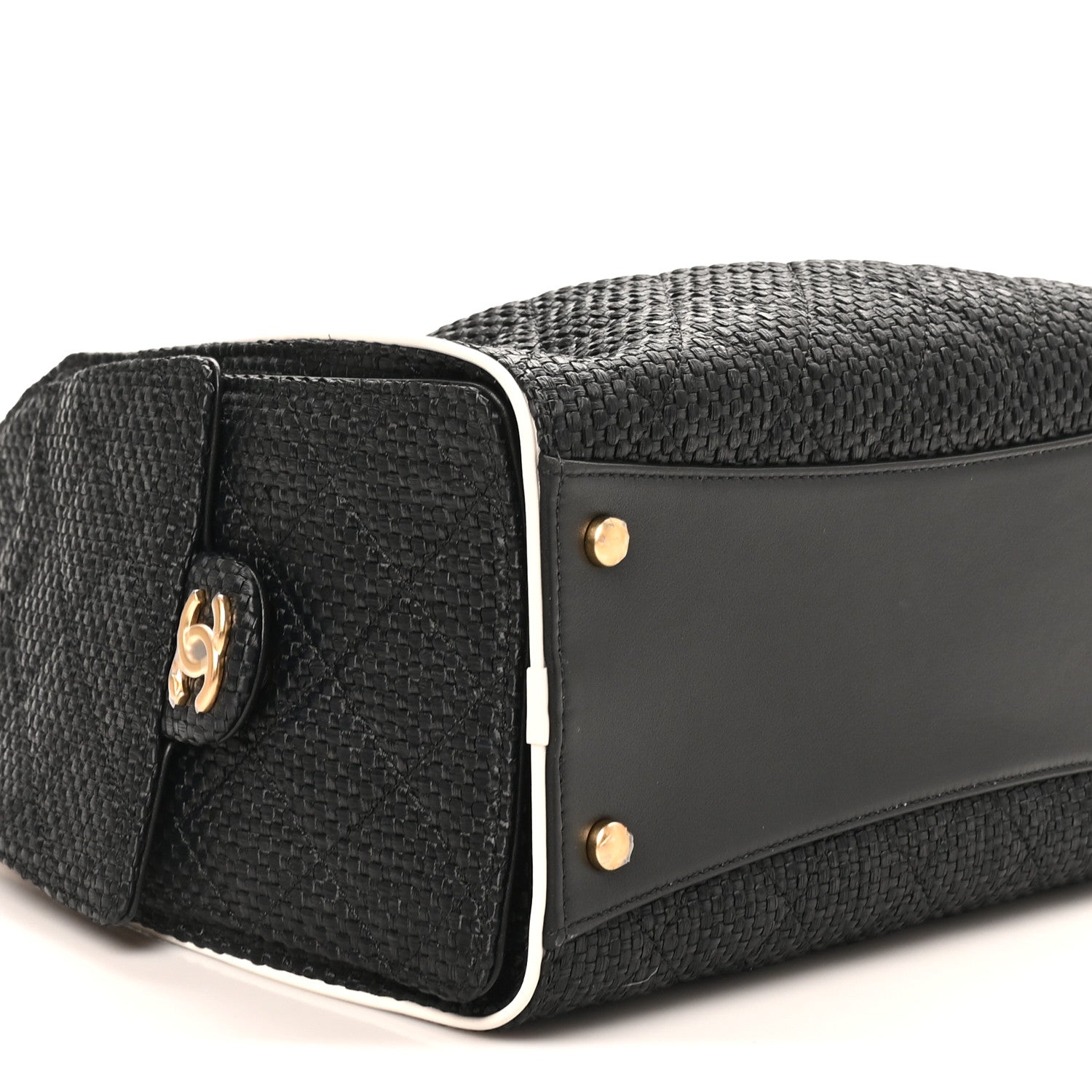 Braided Raffia Calfskin Quilted Small CHNL 25 Handbag Black White