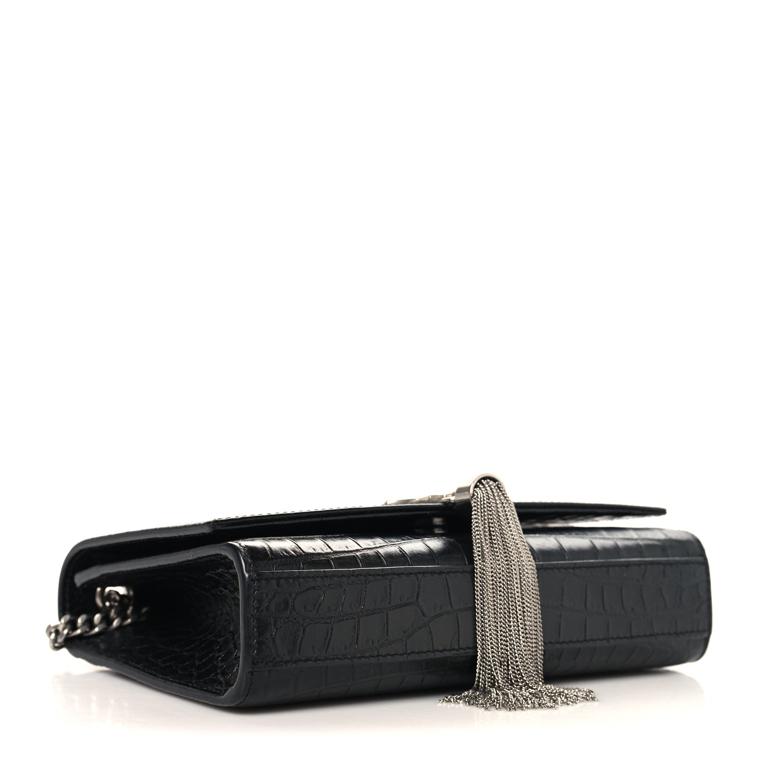 Calfskin Crocodile Embossed Small Classic Monogram Kate Tassel Satchel Black