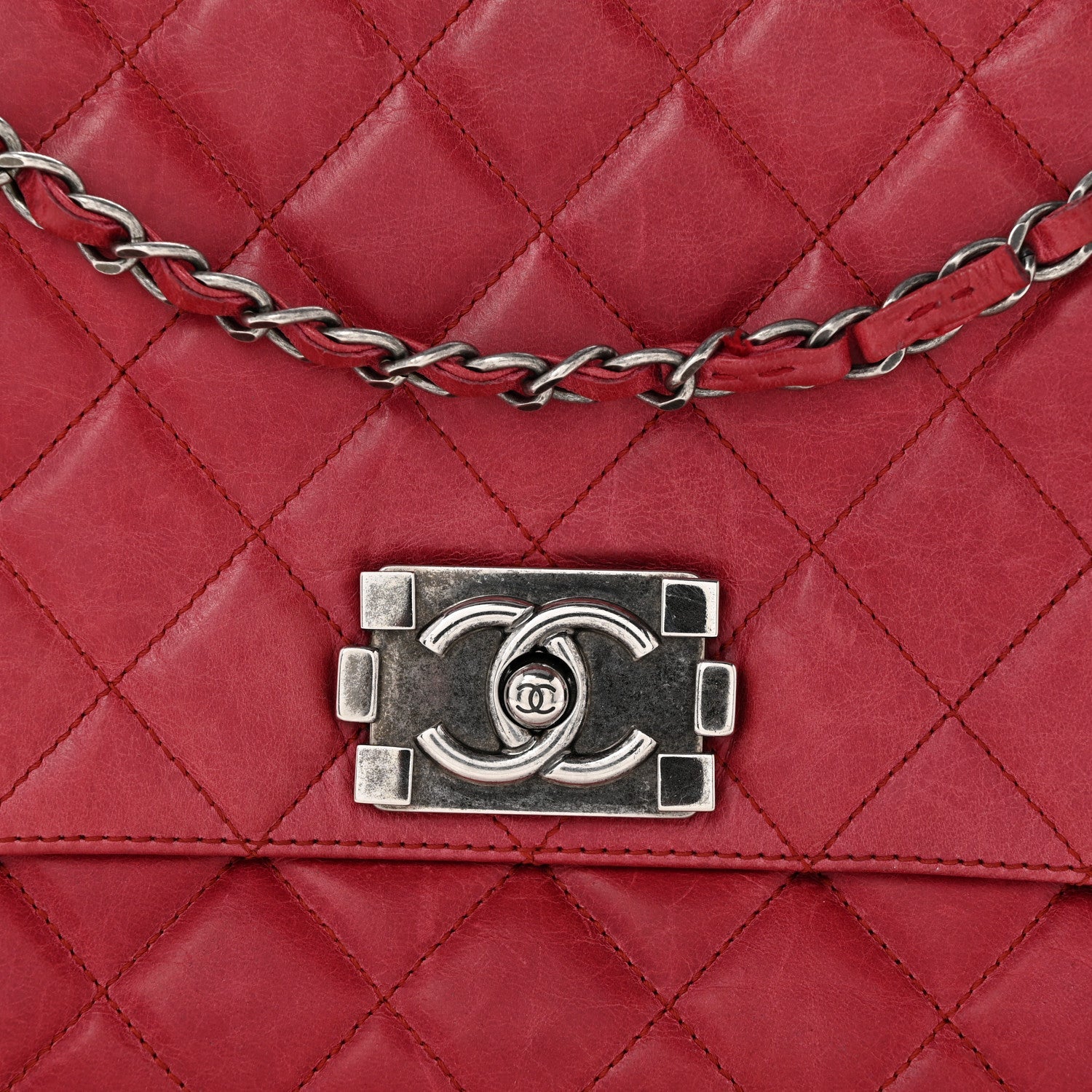Glazed Calfskin Quilted Soft Boy Flap Red