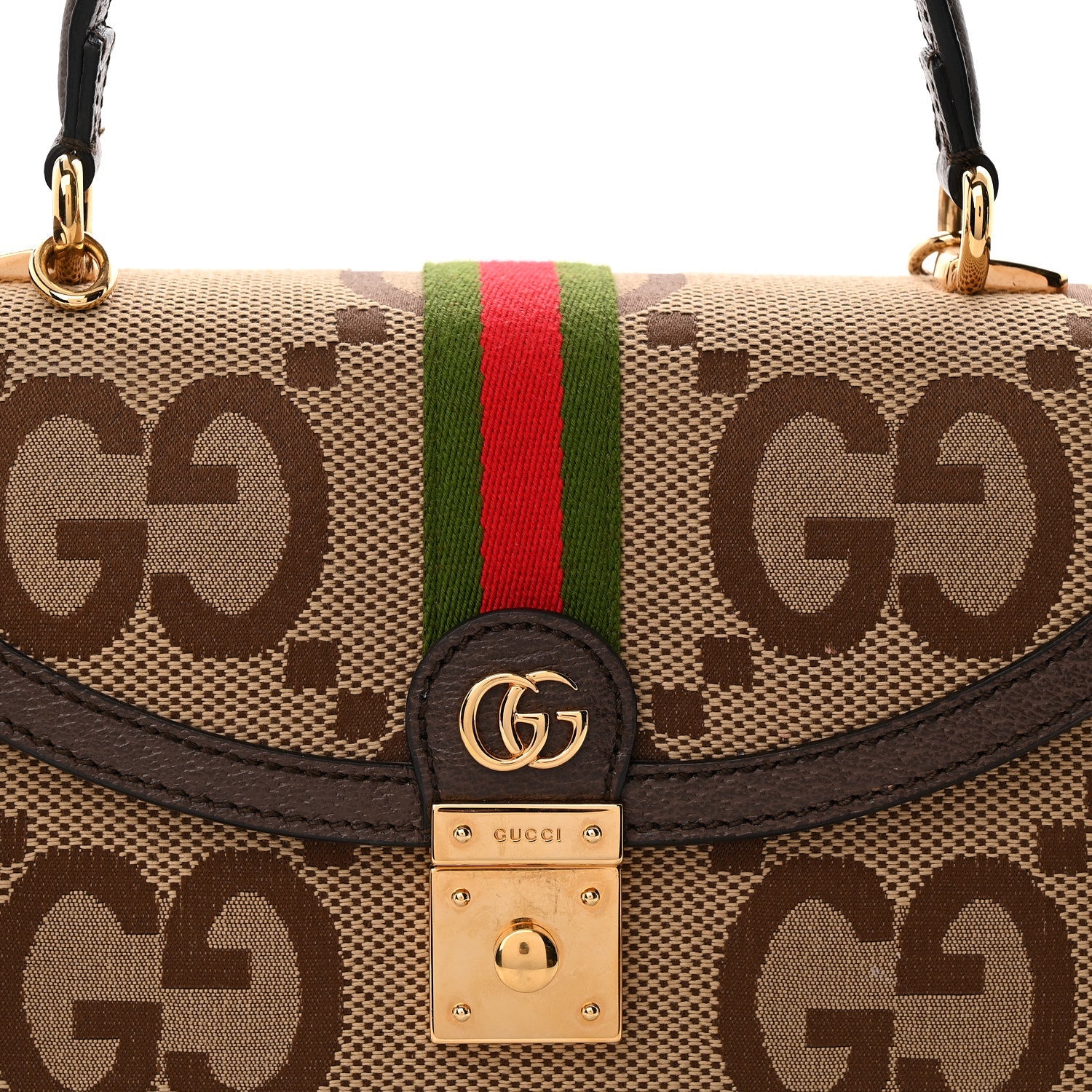 Monogram Jumbo GG Textured Dollar Calfskin Web Small Ophidia Padlock Top Handle Bag Camel Ebony New Acero