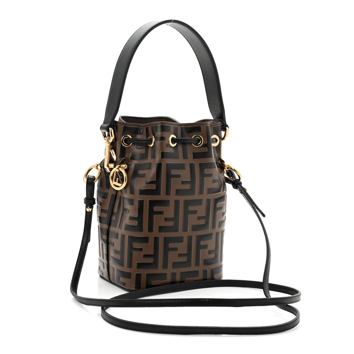 Vitello Liberty F is FNDI Bi-Color FF 1974 Embossed Mini Mon Tresor Bucket Bag Maya Black