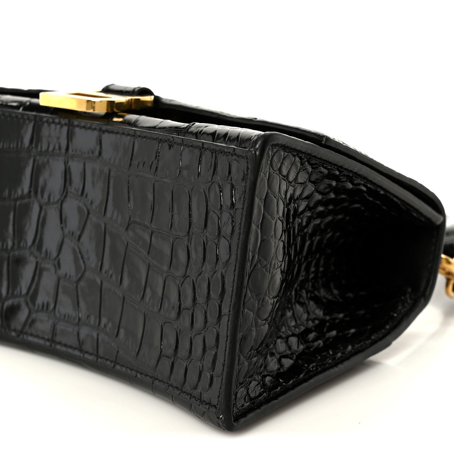 Shiny Calfskin Crocodile Embossed Small Hourglass Top Handle Bag Black