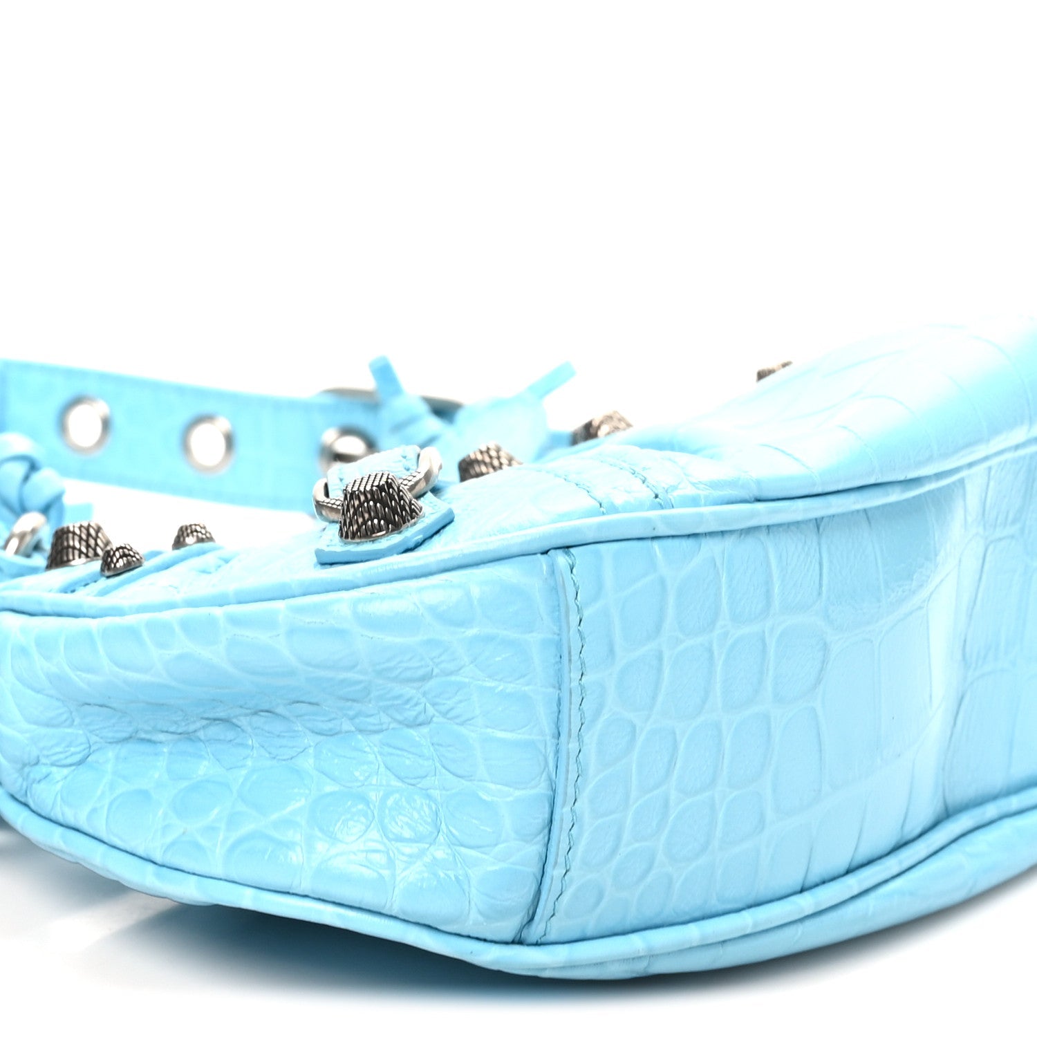 Extra Supple Calfskin Crocodile Embossed Le Cagole Shoulder Bag XS Sky Blue