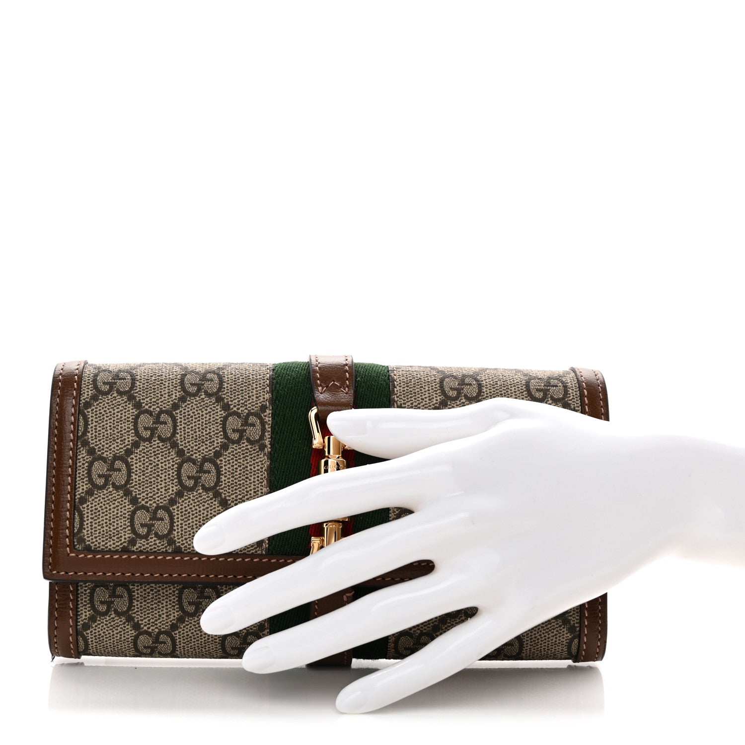 GG Supreme Monogram Azalea Calfskin Web Jackie 1961 Chain Wallet Beige Ebony Brown Sugar