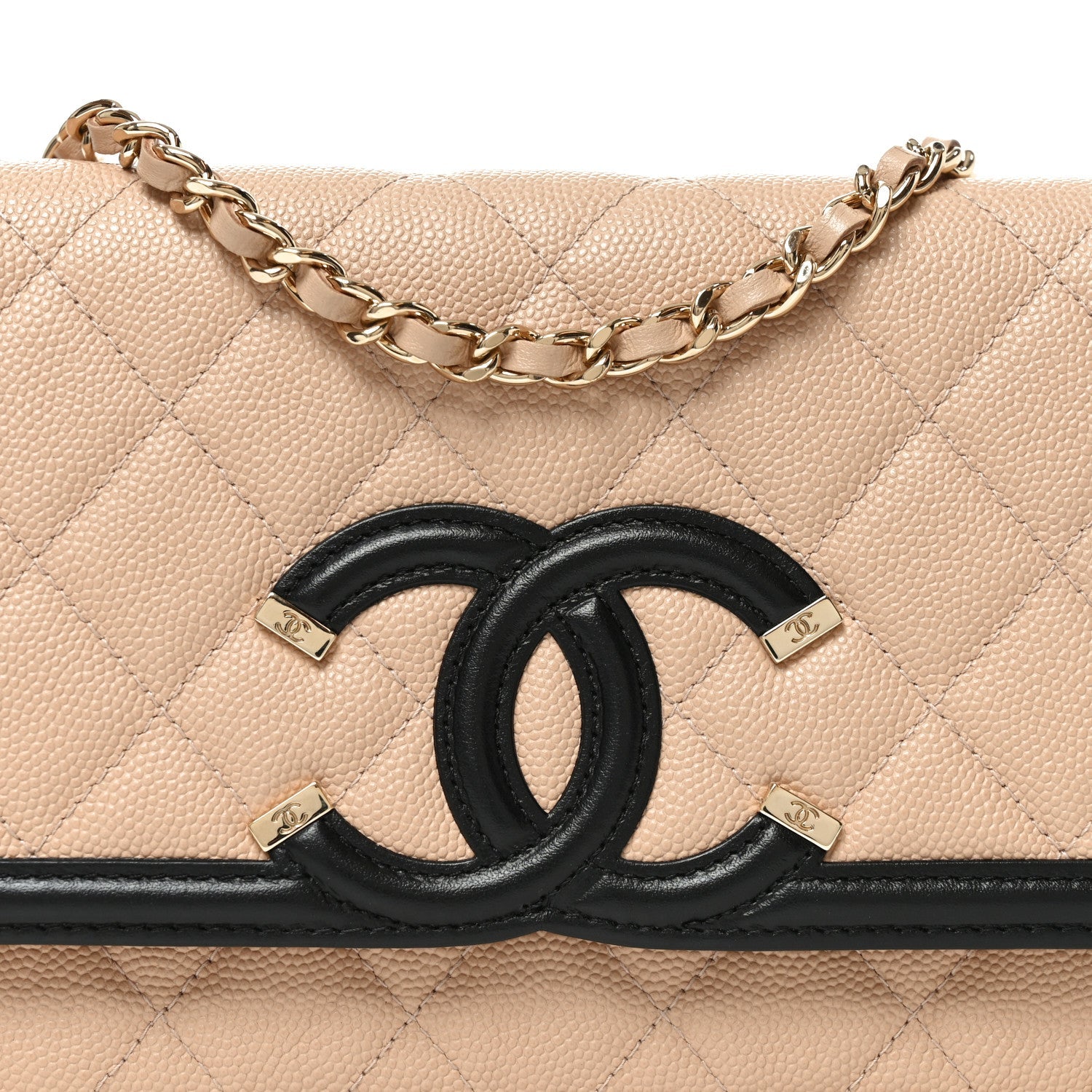 Caviar Quilted CC Filigree Wallet On Chain WOC Beige Black