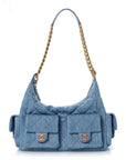 Washed Denim Quilted Large Trendy Pockets Hobo Blue