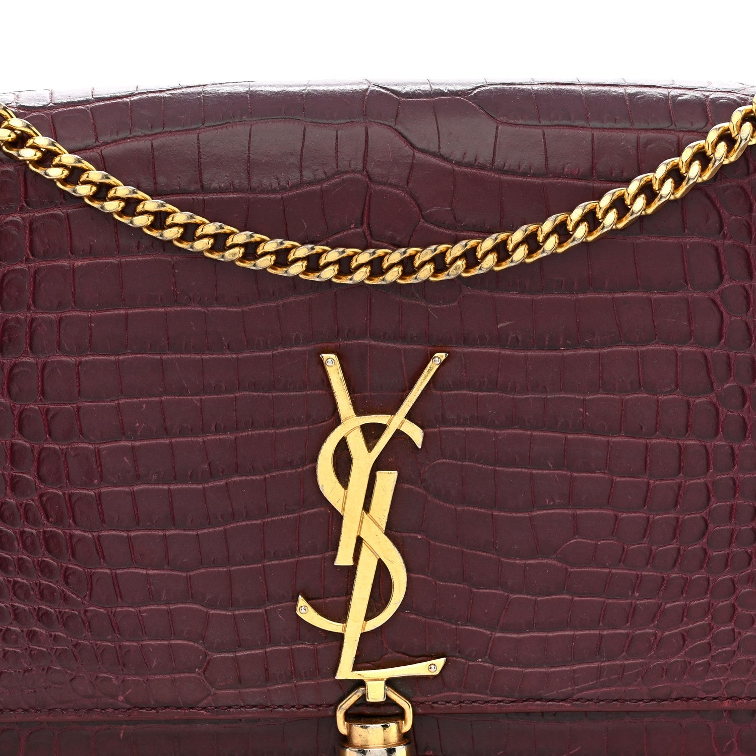 Calfskin Crocodile Embossed Medium Classic Monogram Kate Tassel Satchel Dark Red