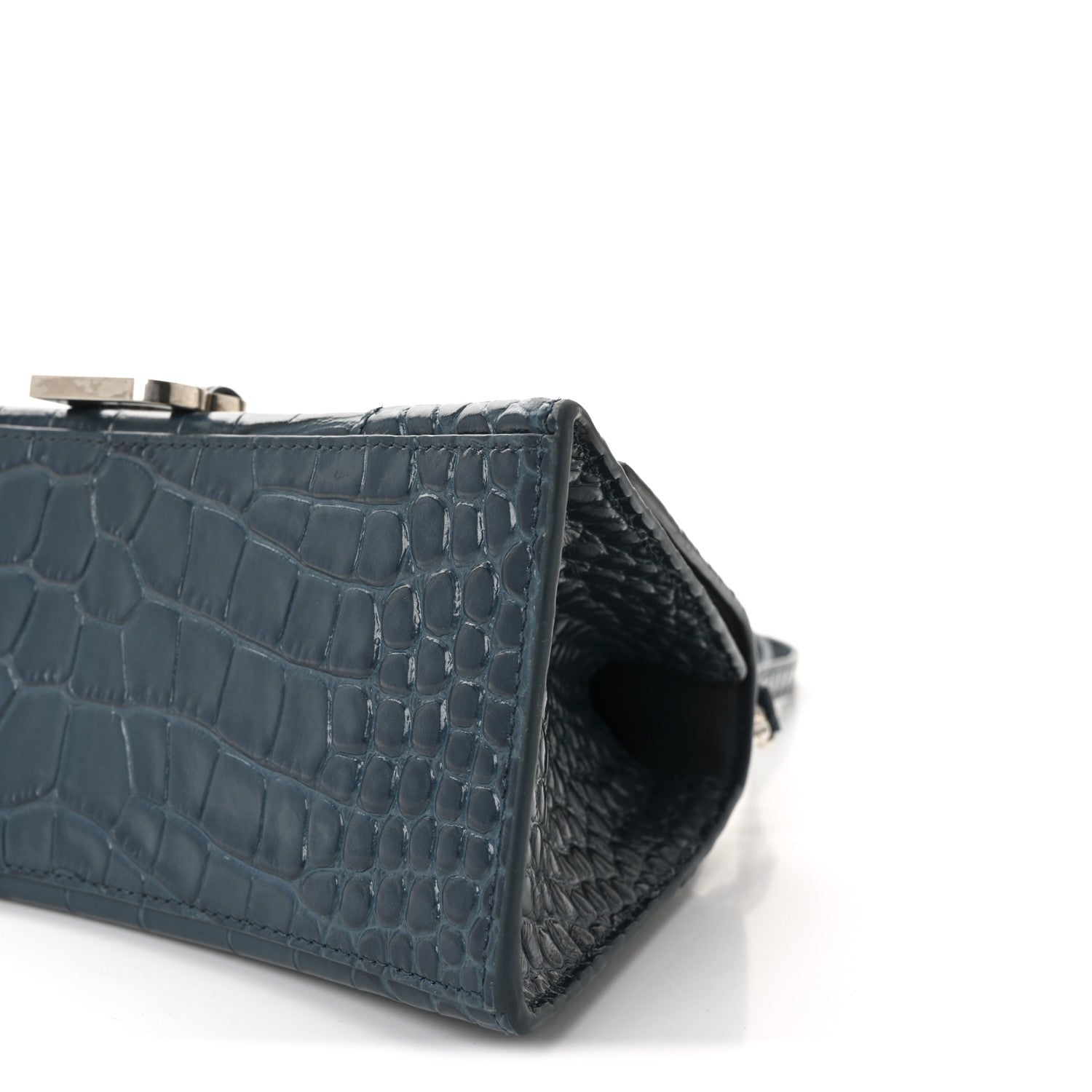 Shiny Calfskin Crocodile Embossed Small Hourglass Top Handle Bag Dark Petrol Blue