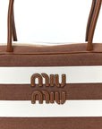 Canvas Calfskin Striped Large Beau Top Handle Bag Naturale Brandy