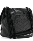 Crinkled Calfskin Matelasse Monogram Medium Niki Chain Satchel Black