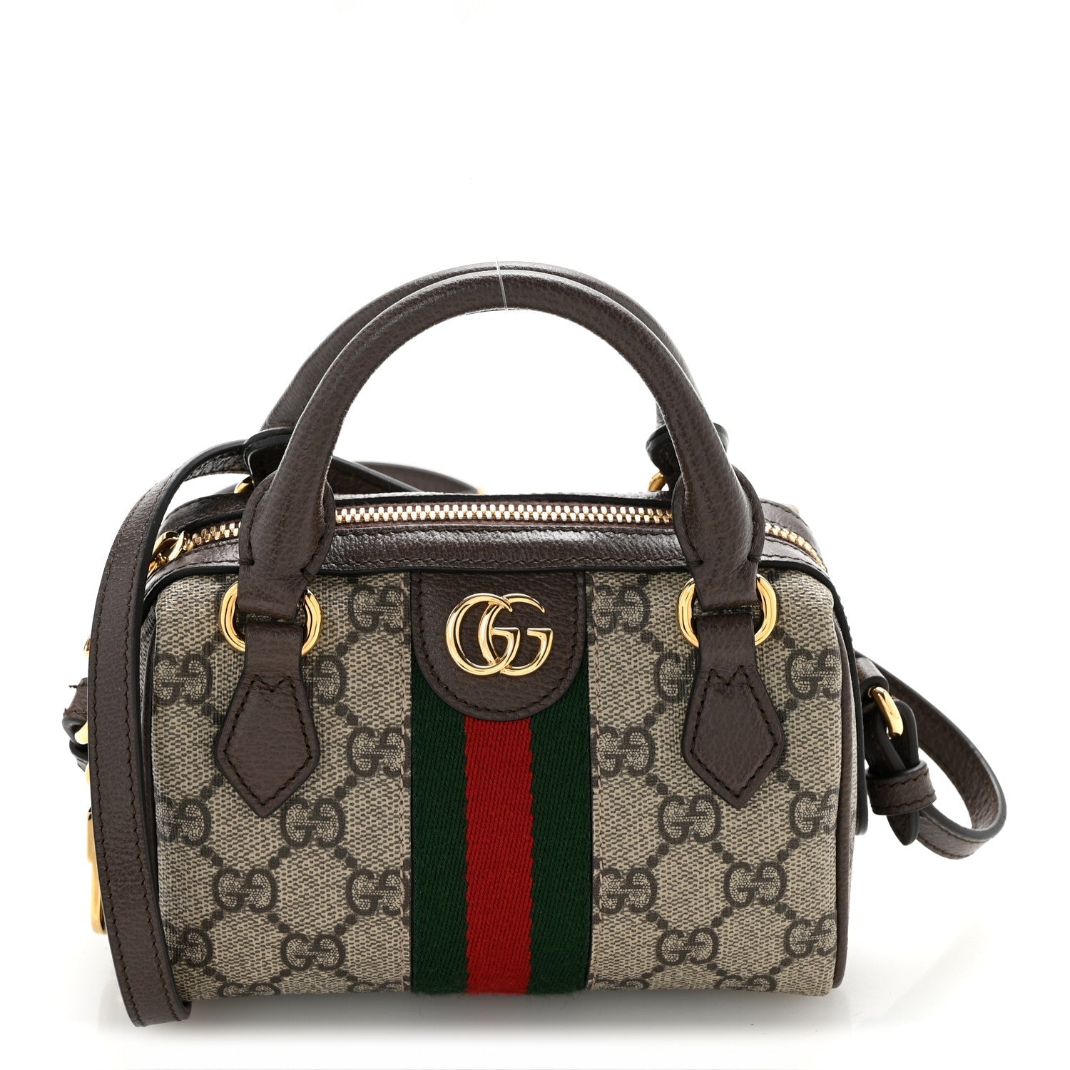 GG Supreme Monogram Textured Dollar Calfskin Web Super Mini Ophidia Top Handle Bowler Bag  Beige Ebony New Acero