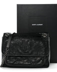 Crinkled Calfskin Matelasse Monogram Medium Niki Chain Satchel Black