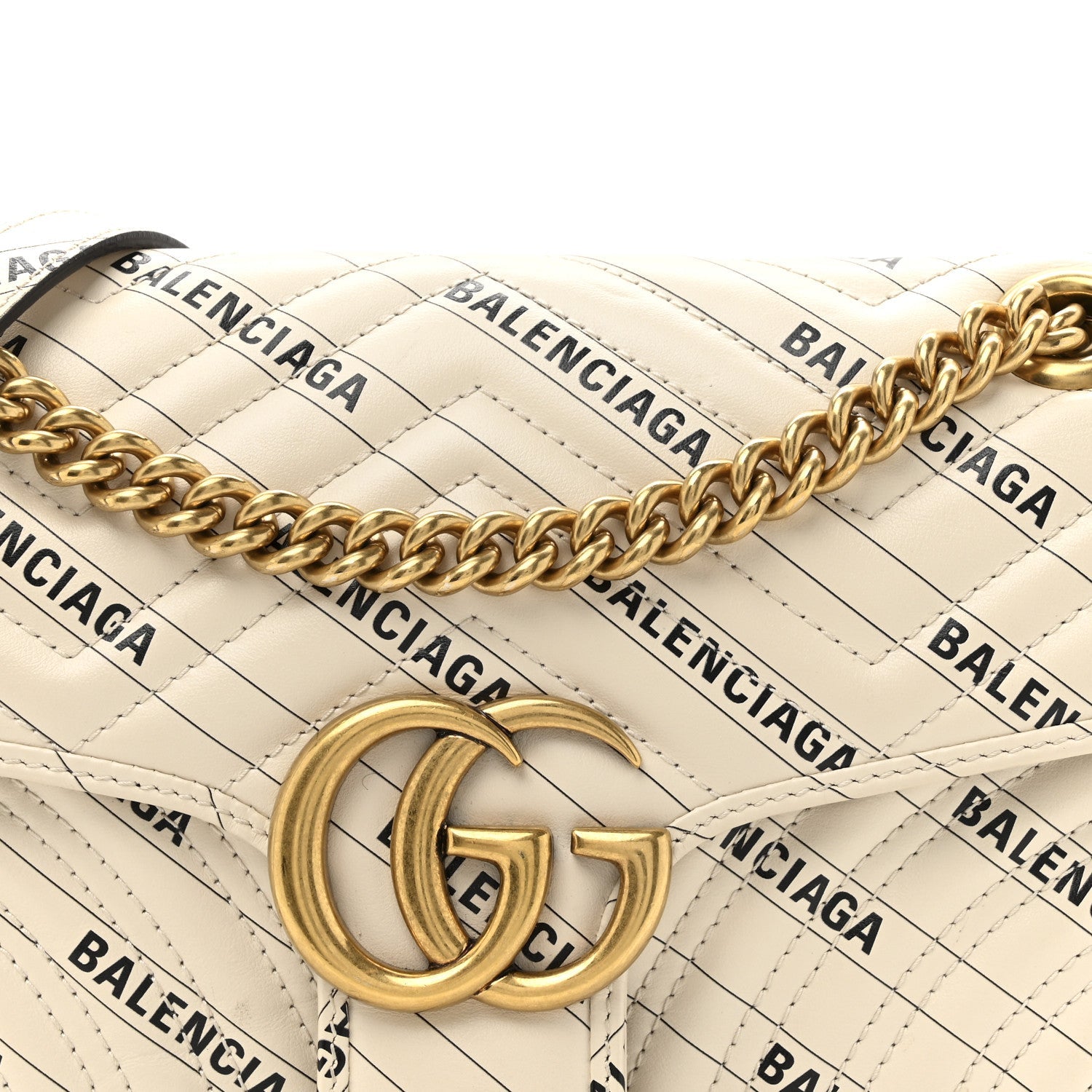 X BLNCG Calfskin Matelasse Logo Print Small GG Marmont Shoulder Bag White