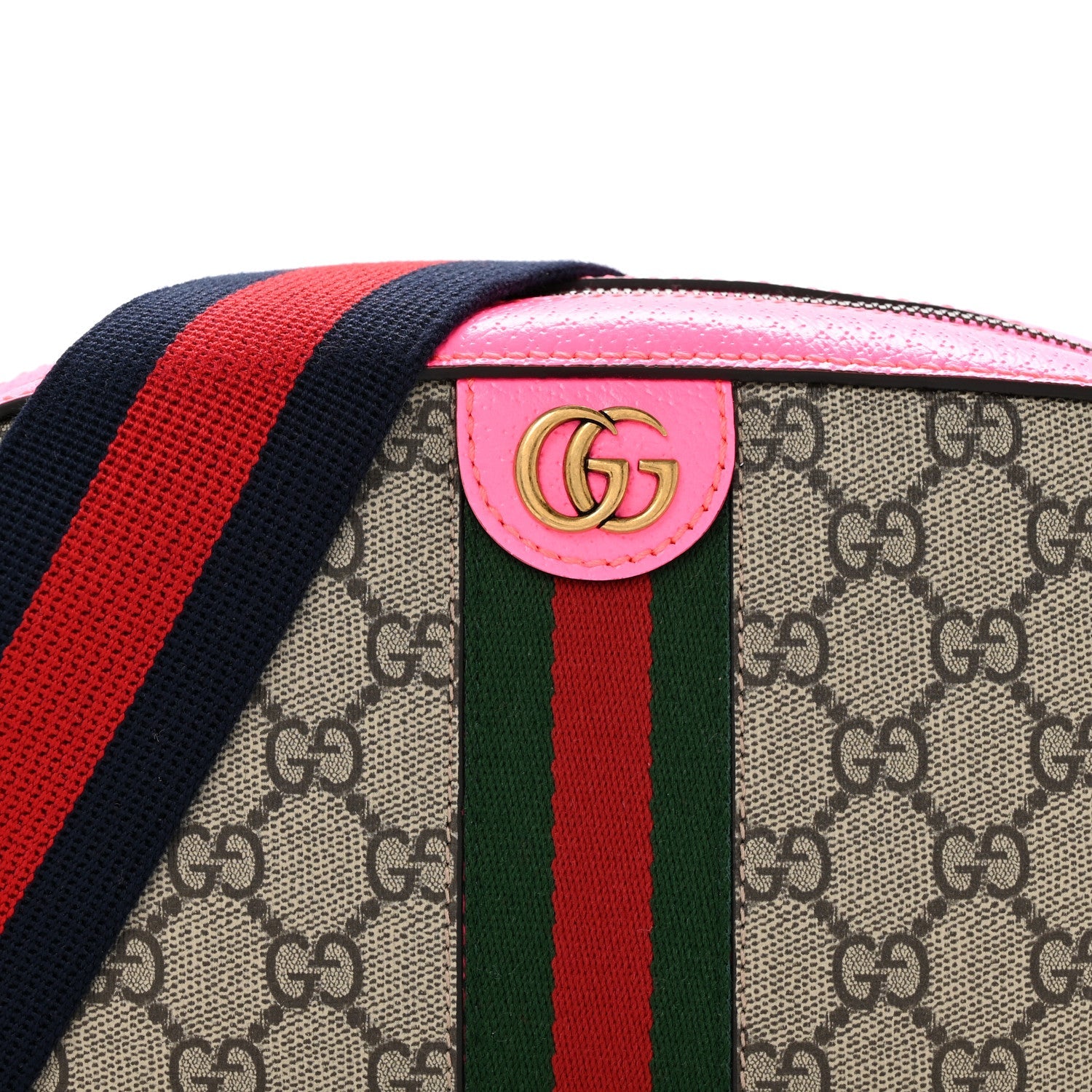 GG Supreme Monogram Textured Dollar Calfskin Web Ophidia Small Crossbody Bag Beige Ebony Fuchsia