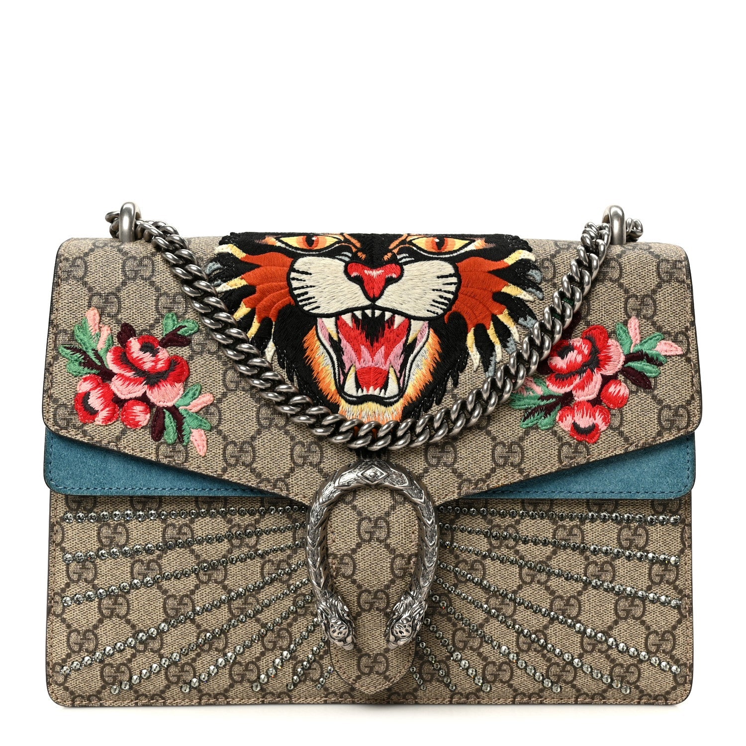 GG Supreme Monogram Angry Cat Embroidered Medium Dionysus Shoulder Bag Beige Ultramarine