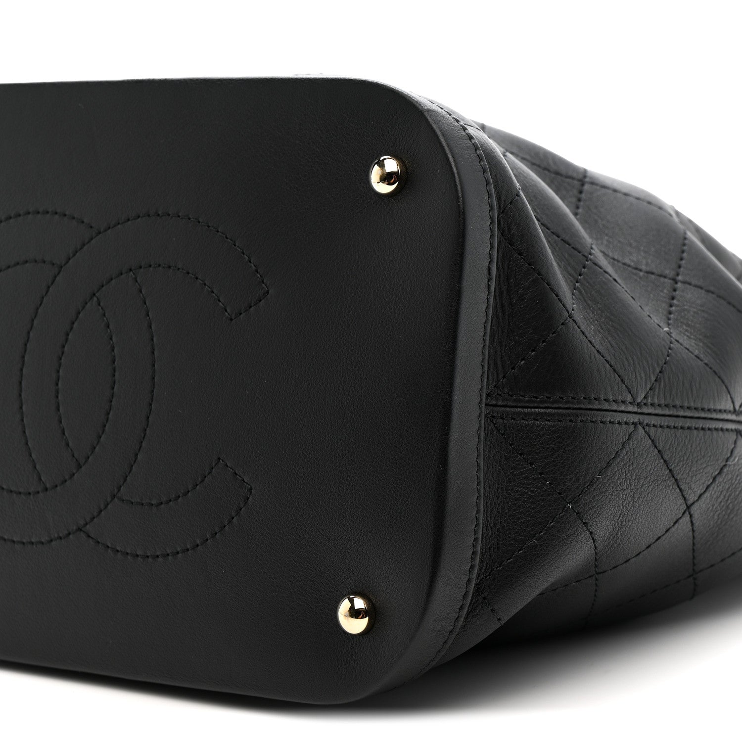 Calfskin Stitched Chain Top Handle Bucket Bag Black