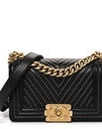 Lambskin Chevron Chain Stitched Small Boy Flap Black