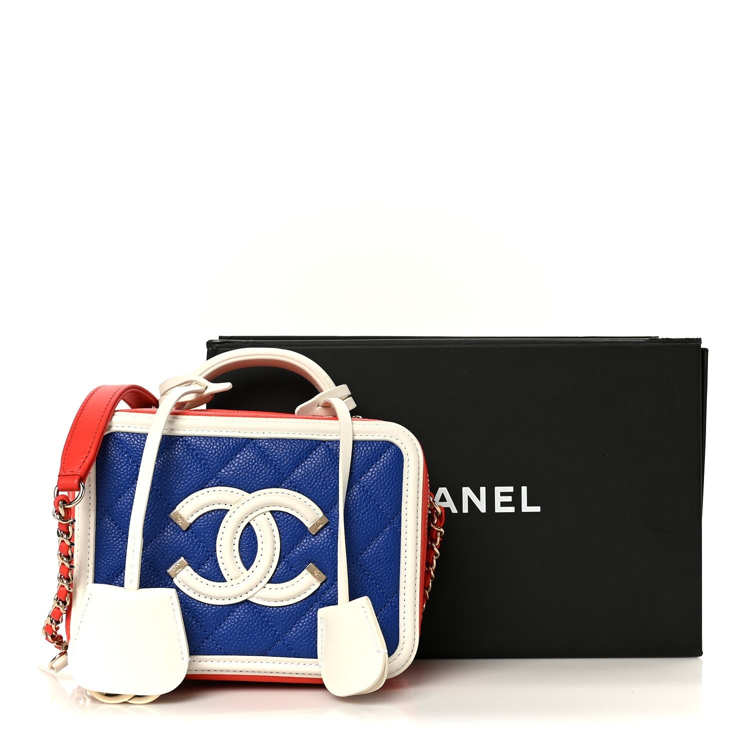 Caviar Quilted Small CC Filigree Vanity Case Blue White Red