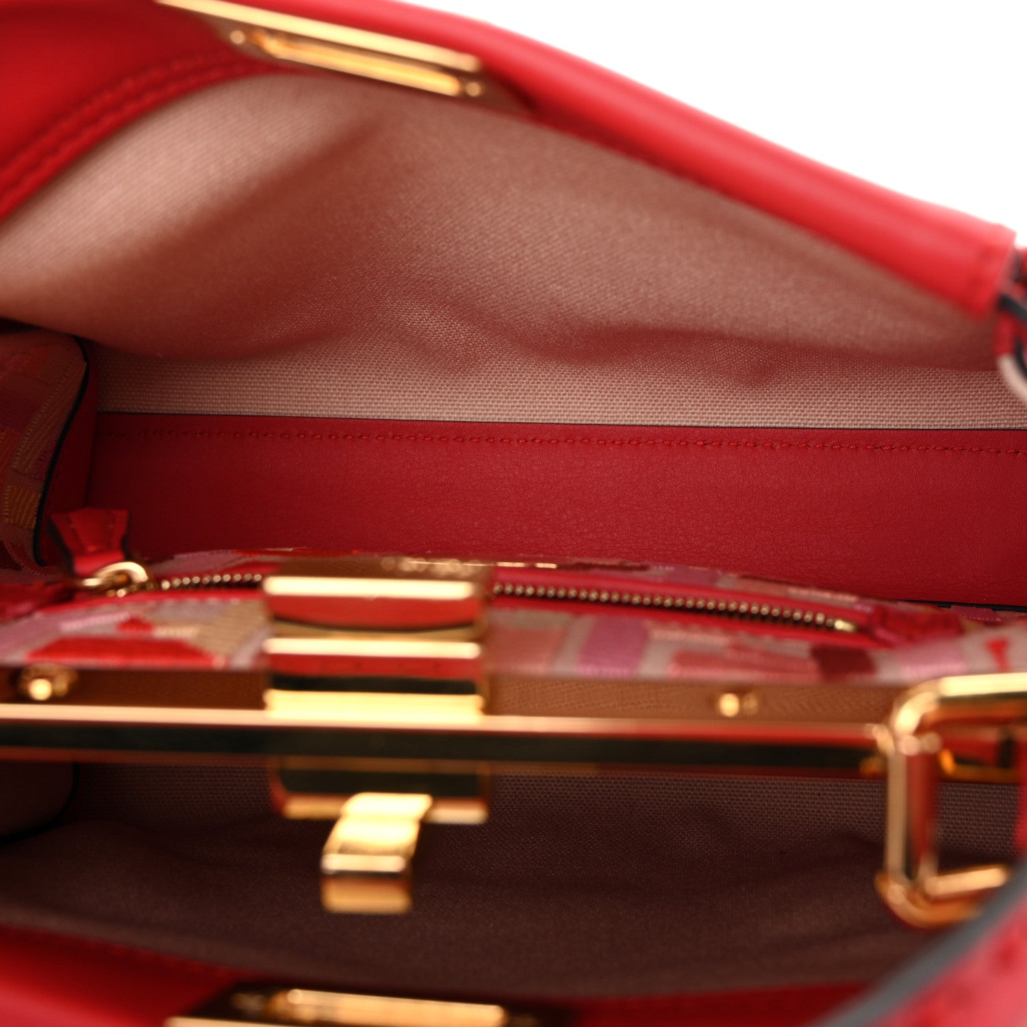 Vitello Seta Canvas FF Embroidered Peekaboo Iconic Satchel Rosso Cardinale Multicolor