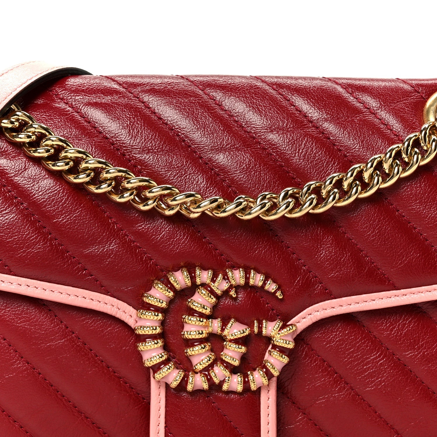 Azalea Calfskin Enamel Matelasse Diagonal Small Torchon GG Marmont Shoulder Bag New Cherry Red Wild Rose