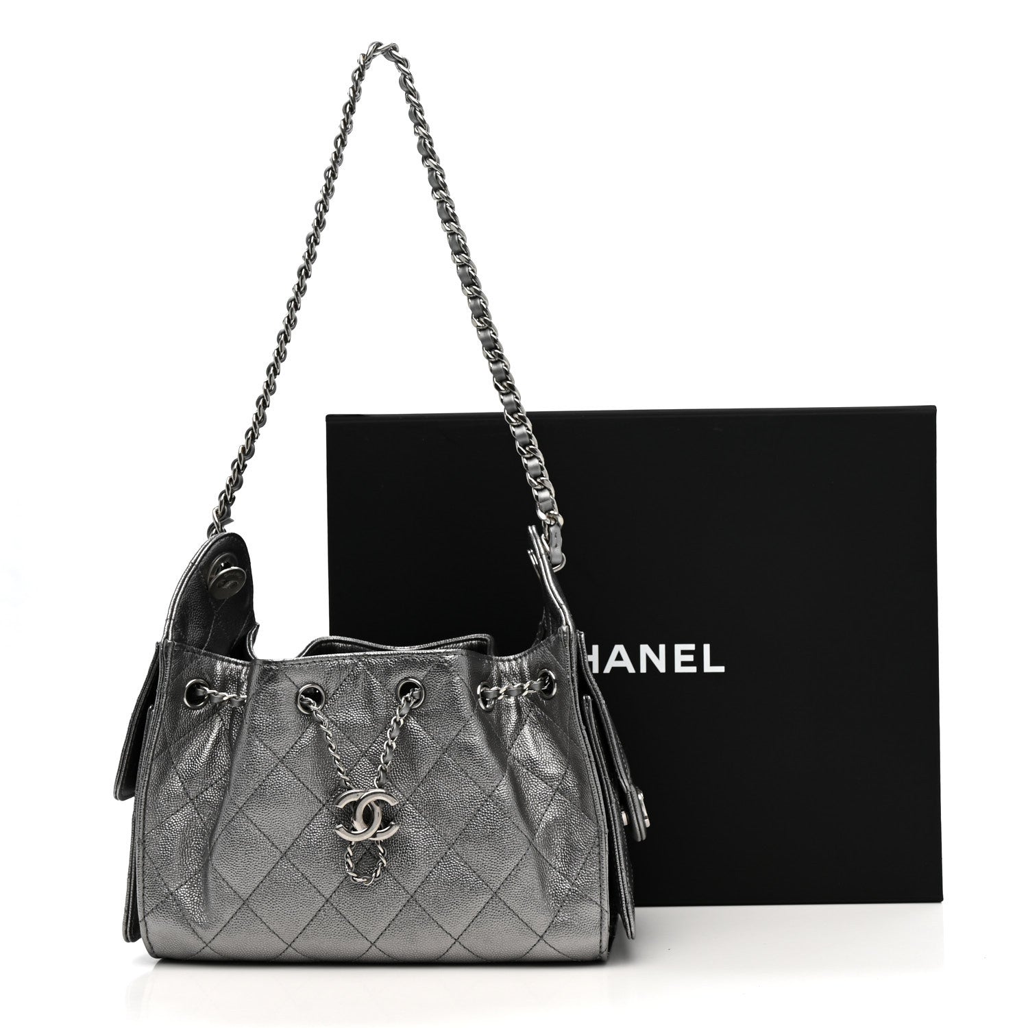 Metallic Caviar Quilted Mini CHNL 25 Handbag Anthracite