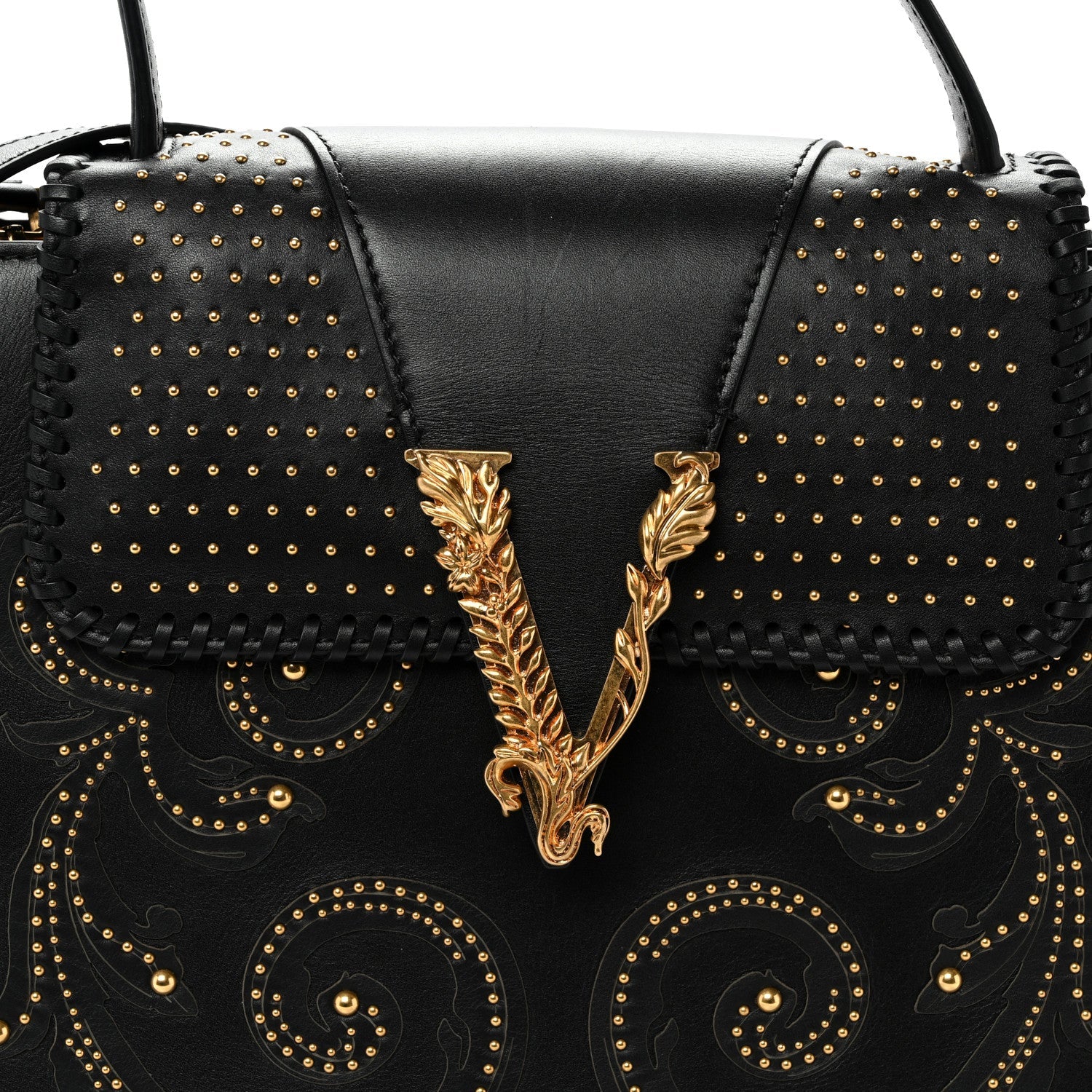 Vitello Western Studded Virtus Top Handle Shoulder Bag Black
