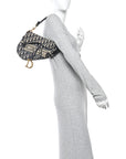 Oblique Embroidered Saddle Bag Blue