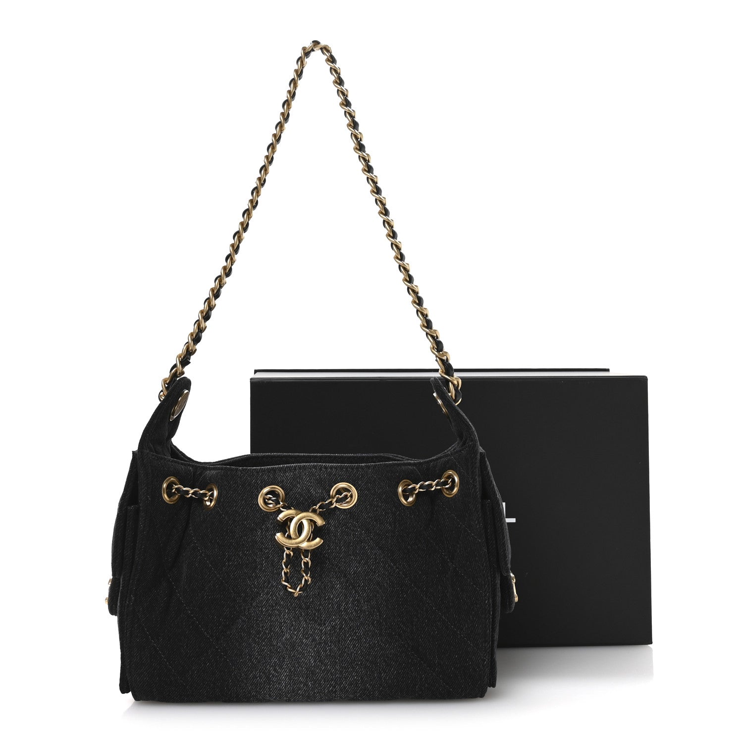 Washed Denim Quilted Mini CHNL 25 Handbag Black