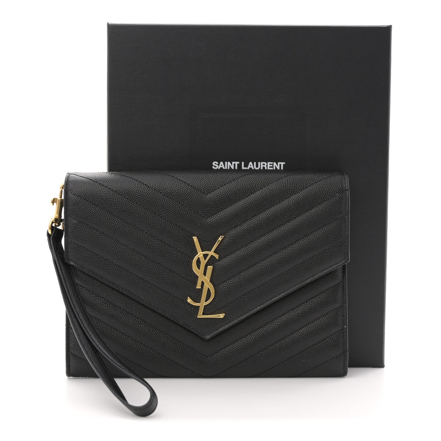 Grain De Poudre Matelasse Chevron Monogram Envelope Clutch Black