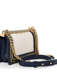 Calfskin Chevron Quilted Braided Small Boy Flap White Navy