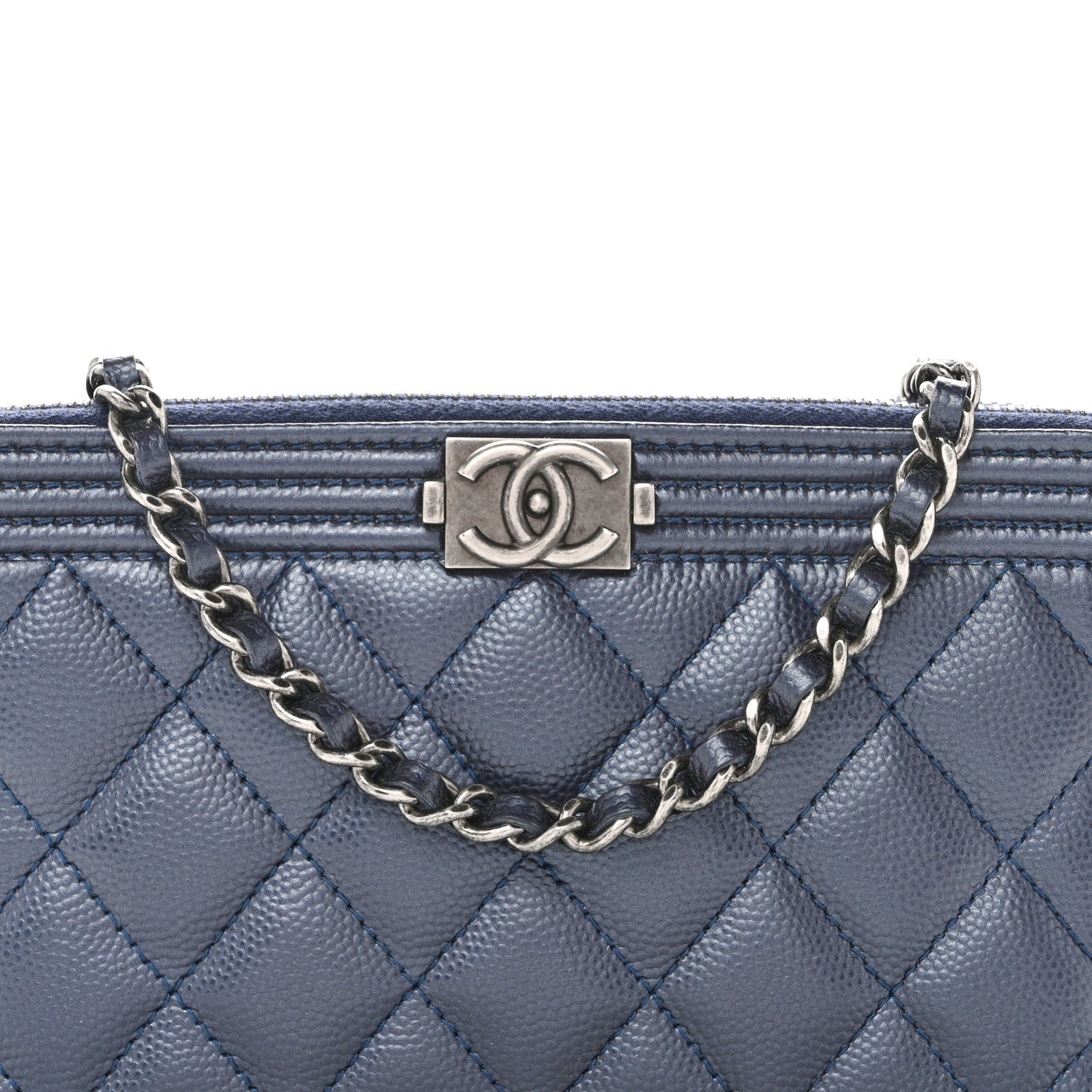 Metallic Caviar Quilted Small Boy Clutch With Chain Navy