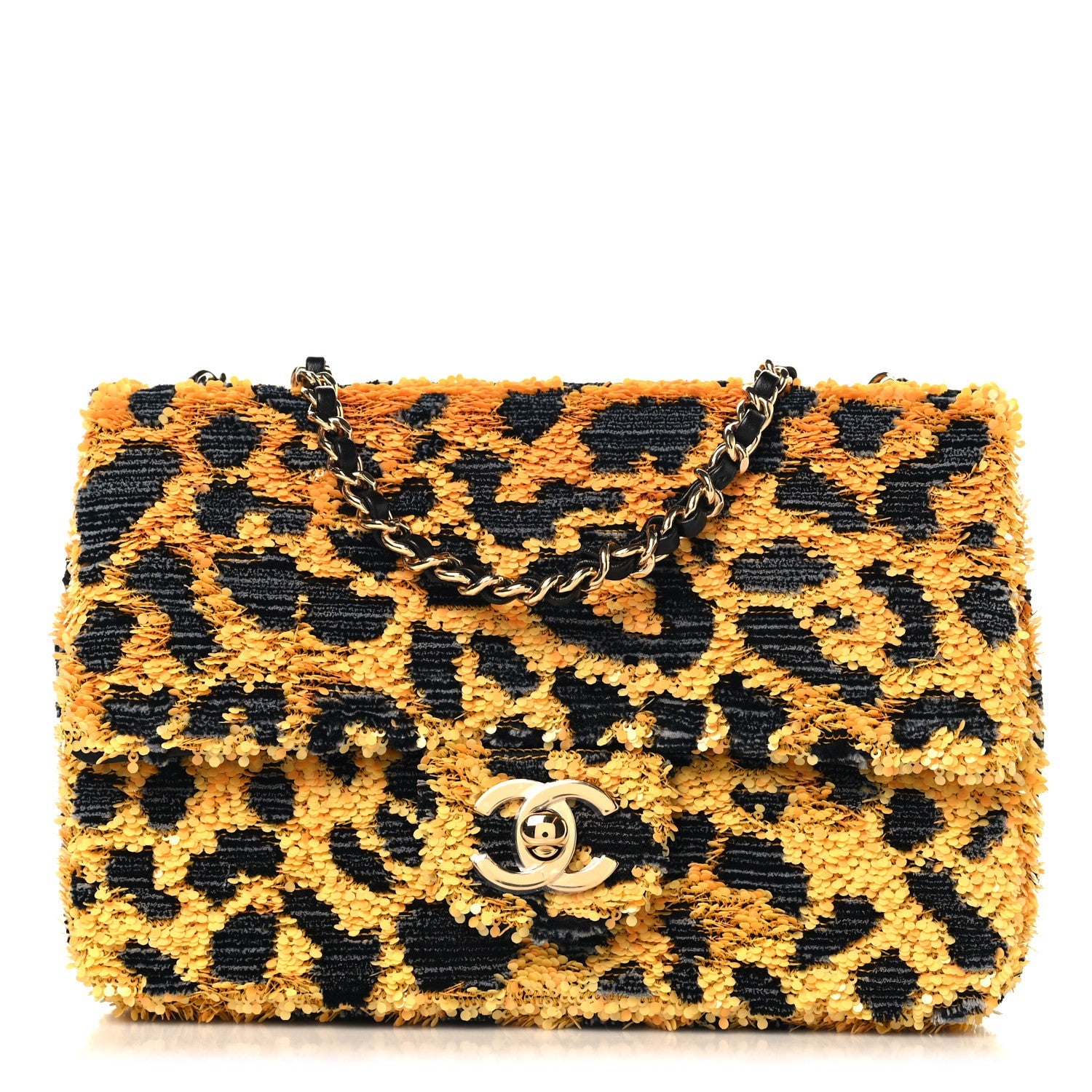 Sequin Mixed Fibers Leopard Print Mini Rectangular Flap Black Orange