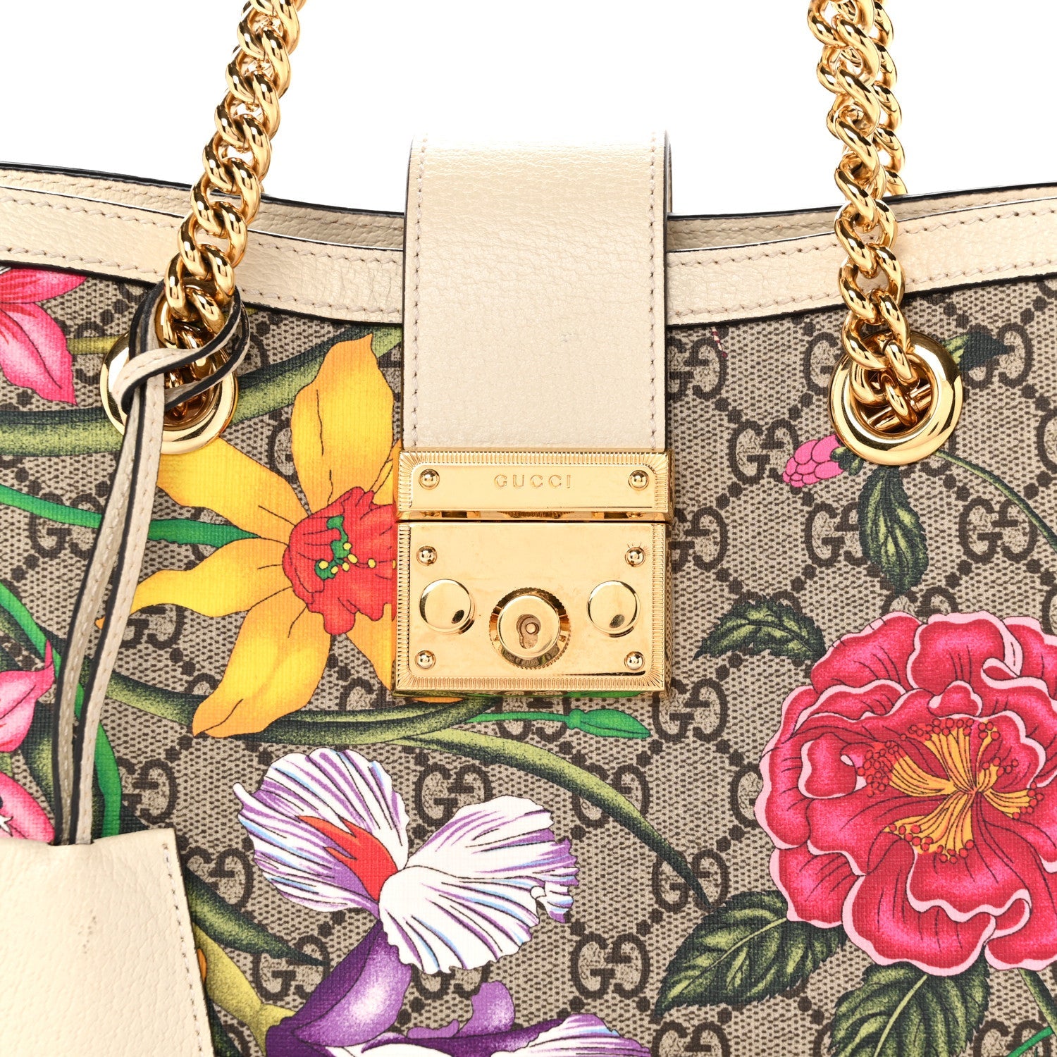 GG Supreme Monogram Flora Textured Calfskin Small Padlock Tote Beige Ebony Multicolor Mystic White