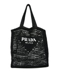 Yarn Raffia Effect Crochet Logo Embroidered Tote Bag Black