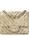 Patent Metallic Crumpled Calfskin Chevron Quilted Mini Square Flap Gold