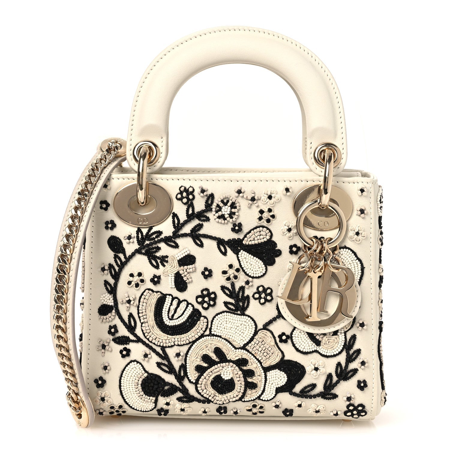 Smooth Calfskin Embroidered Beaded Floral Mini Lady D1OR White Multicolor