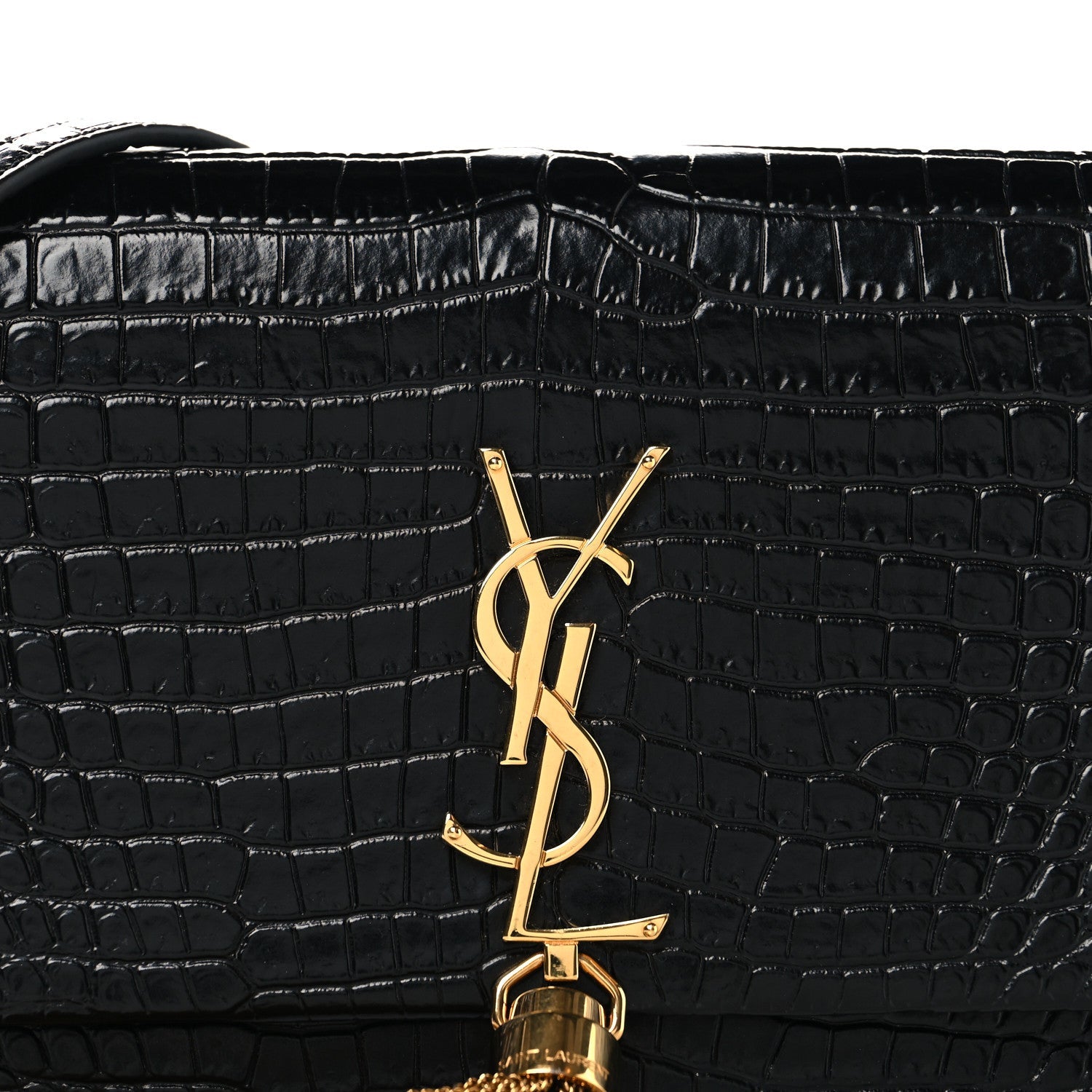 Calfskin Crocodile Embossed Kate Monogram Tassel Chain Wallet Black