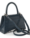 Shiny Calfskin Crocodile Embossed Small Hourglass Top Handle Bag Dark Petrol Blue