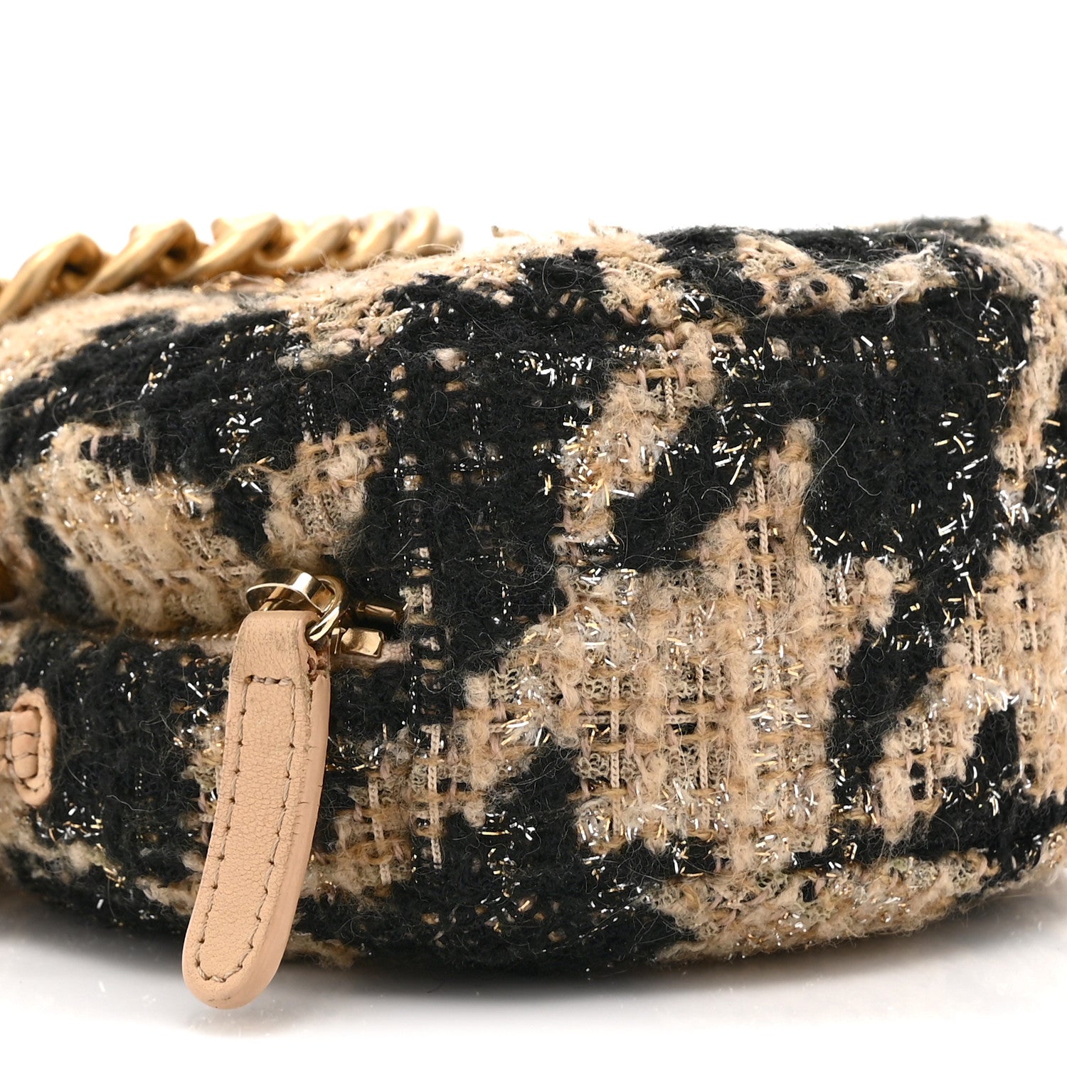 Wool Tweed Lambskin Quilted CHNL 19 Round Clutch With Chain and Coin Purse Beige Black