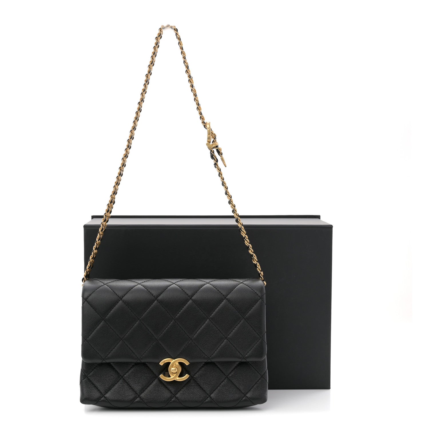 Calfskin Quilted Belt Chain Flap Black