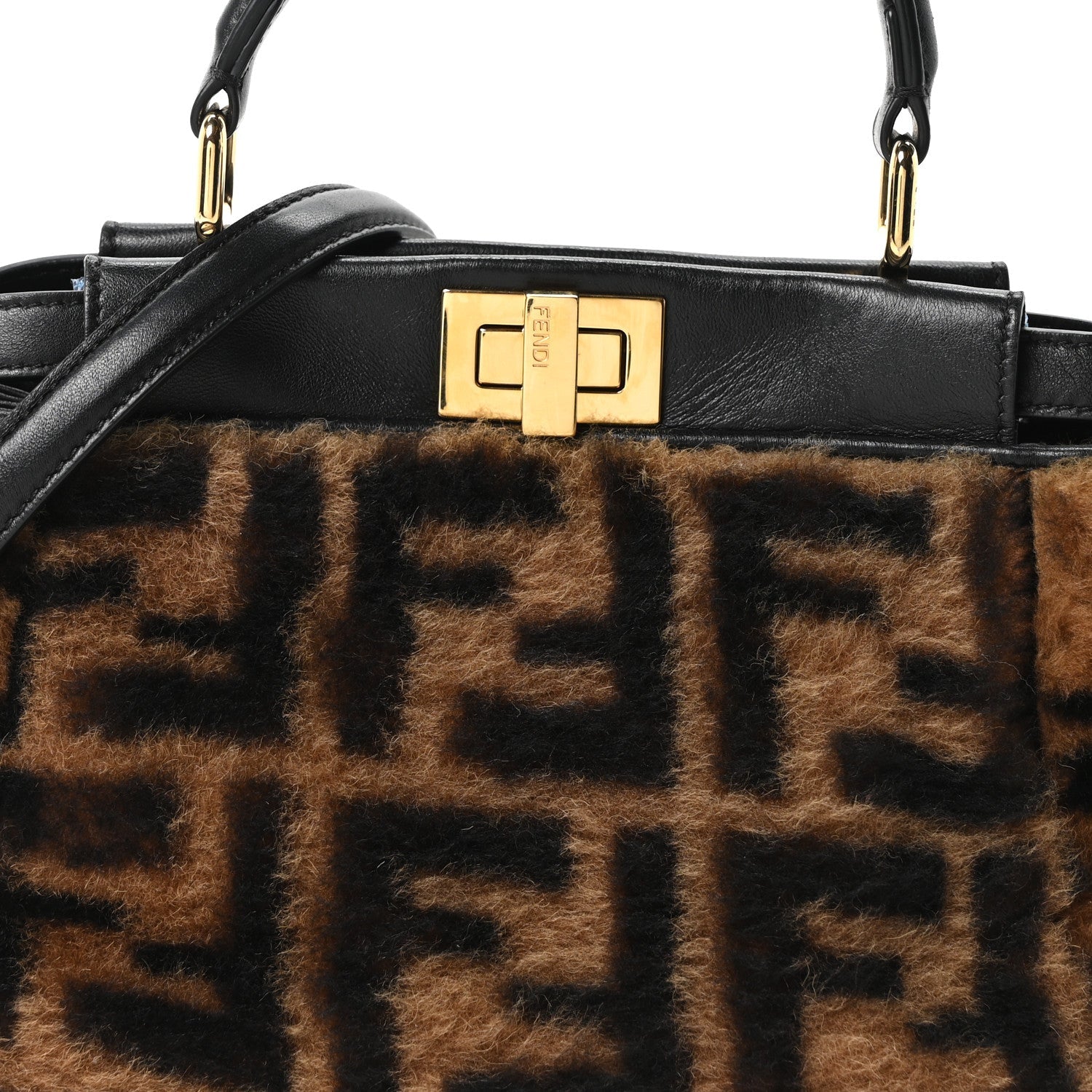 Shearling Nappa Macro FF 1974 Mini Peekaboo Iconic Satchel Tobacco Black