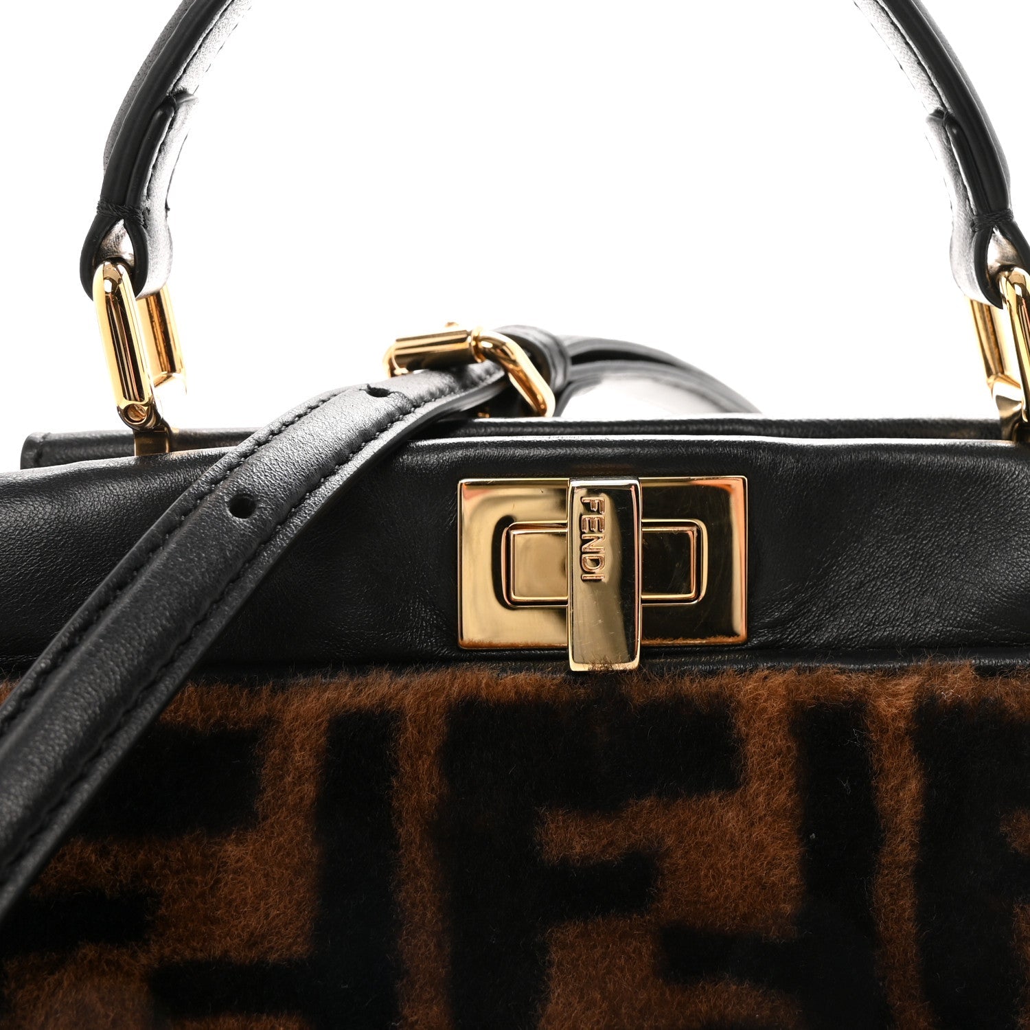 Shearling Nappa Macro FF 1974 Mini Peekaboo Iconic Satchel Tobacco Black